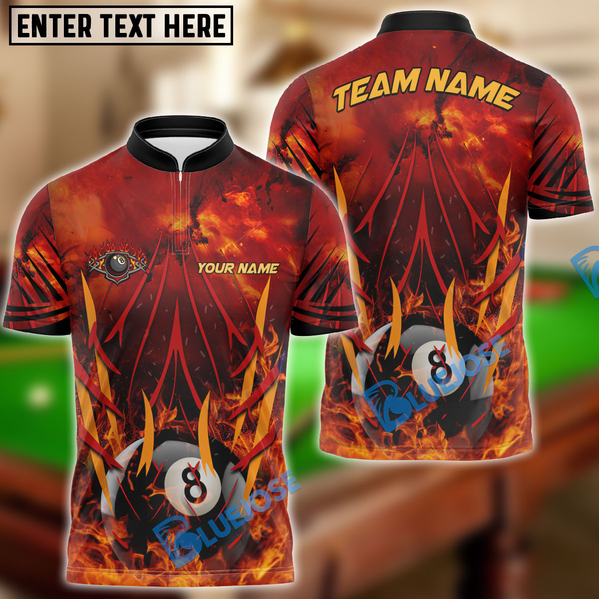 BlueJose Billiards Ball 8 Flame Paint Color Style Personalized Name, Team Name Unisex Shirt ( 4 Colors )