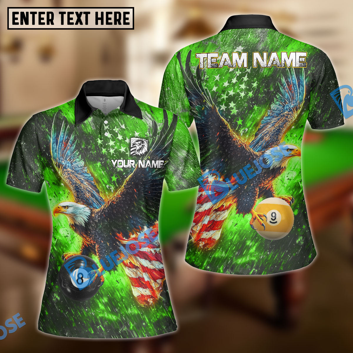 BlueJose Billiards Ball 8 & Ball 9 Sky Eagle US Flag Personalized Name & Team Name Shirt (4 Colors)