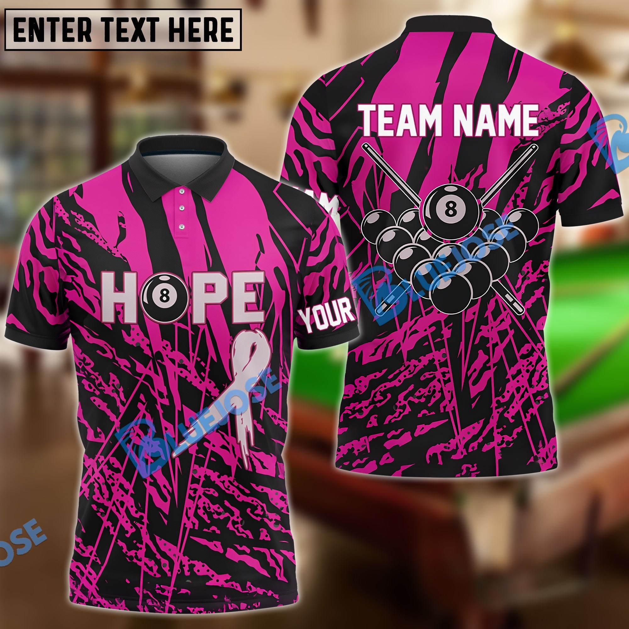 BlueJose Billiards Breast Cancer Awareness Hope Camo Customized Name 3D Shirts