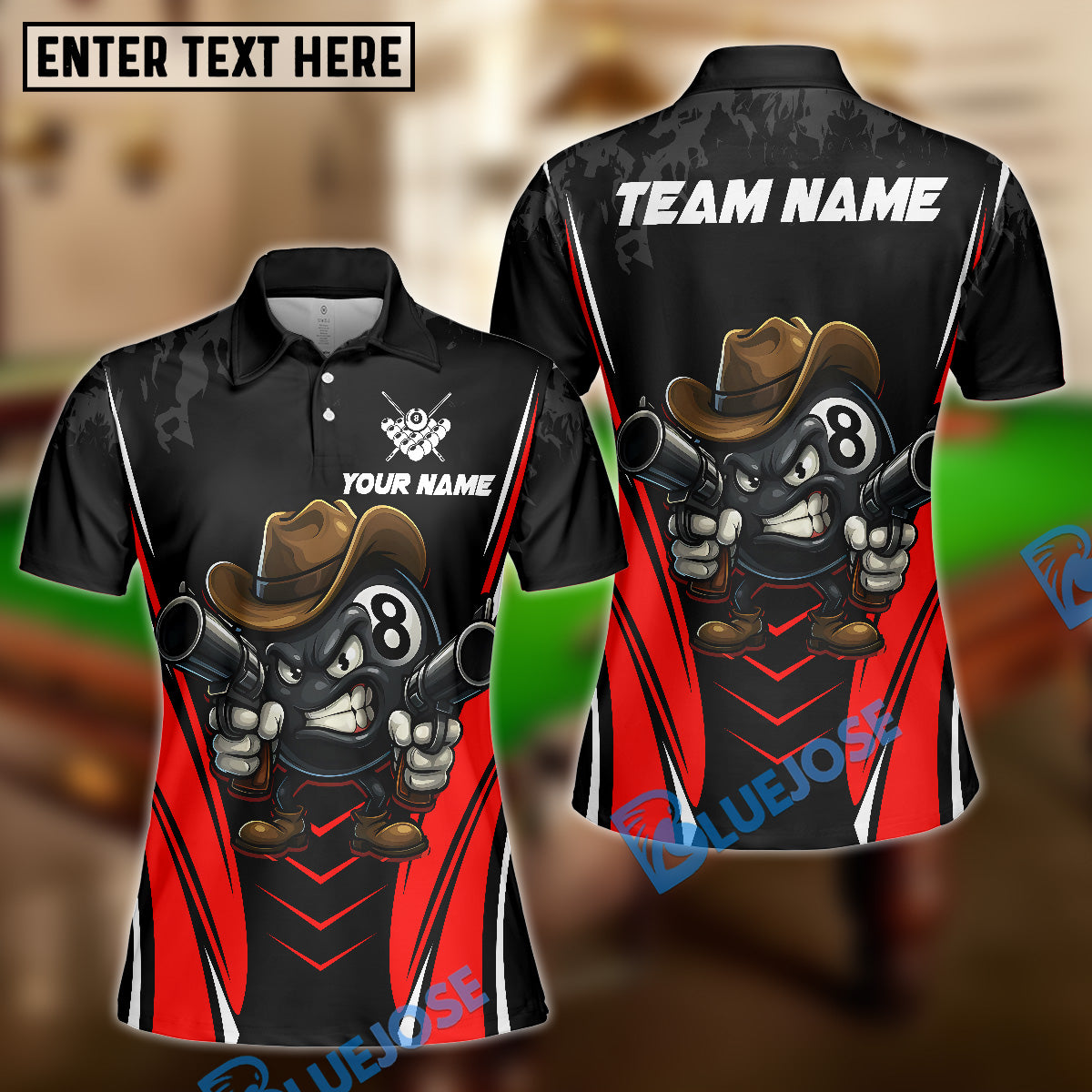BlueJose Billiards Cowboy 8 Ball Cartoon Style Personalized Name Shirt (4 Colors)