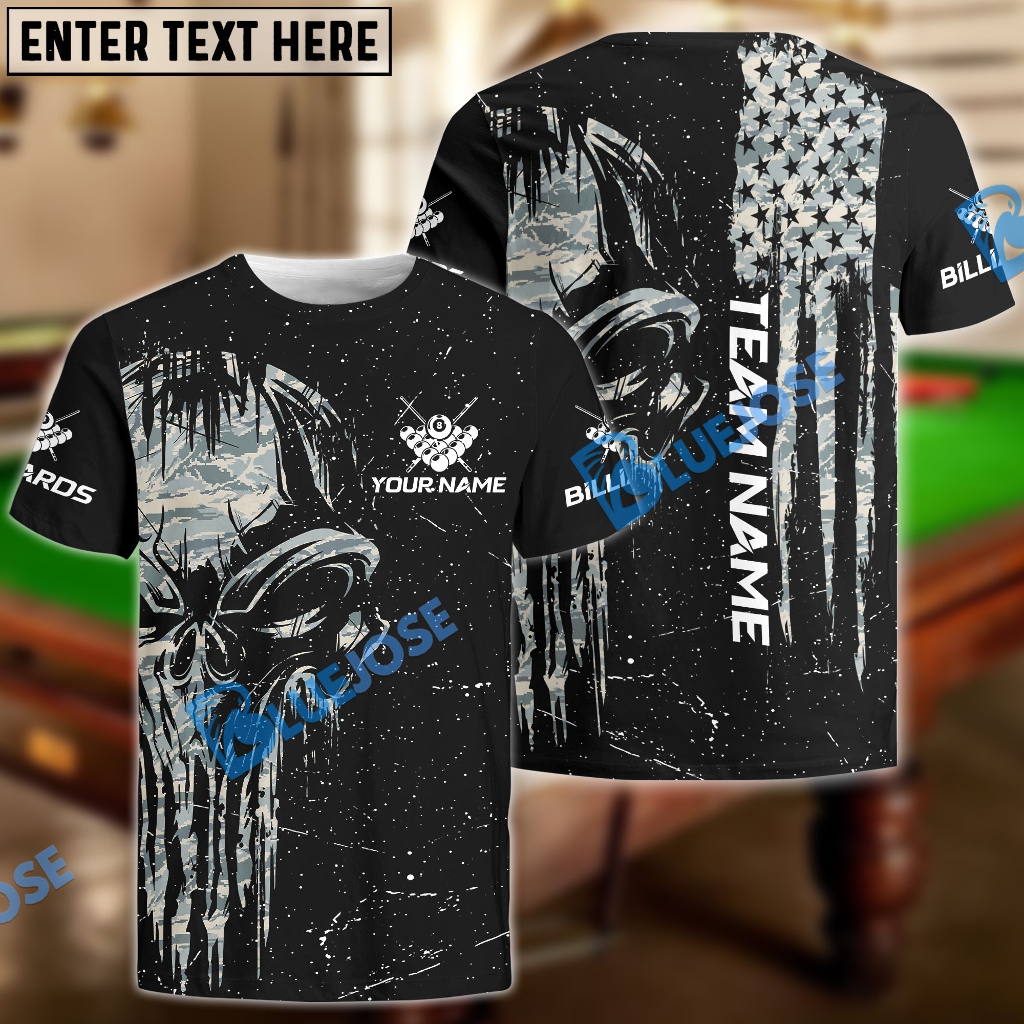 BlueJose Billiards Ball 8 Camo Punisher Skull Personalized Name & Team Name Shirt (4 Colors)
