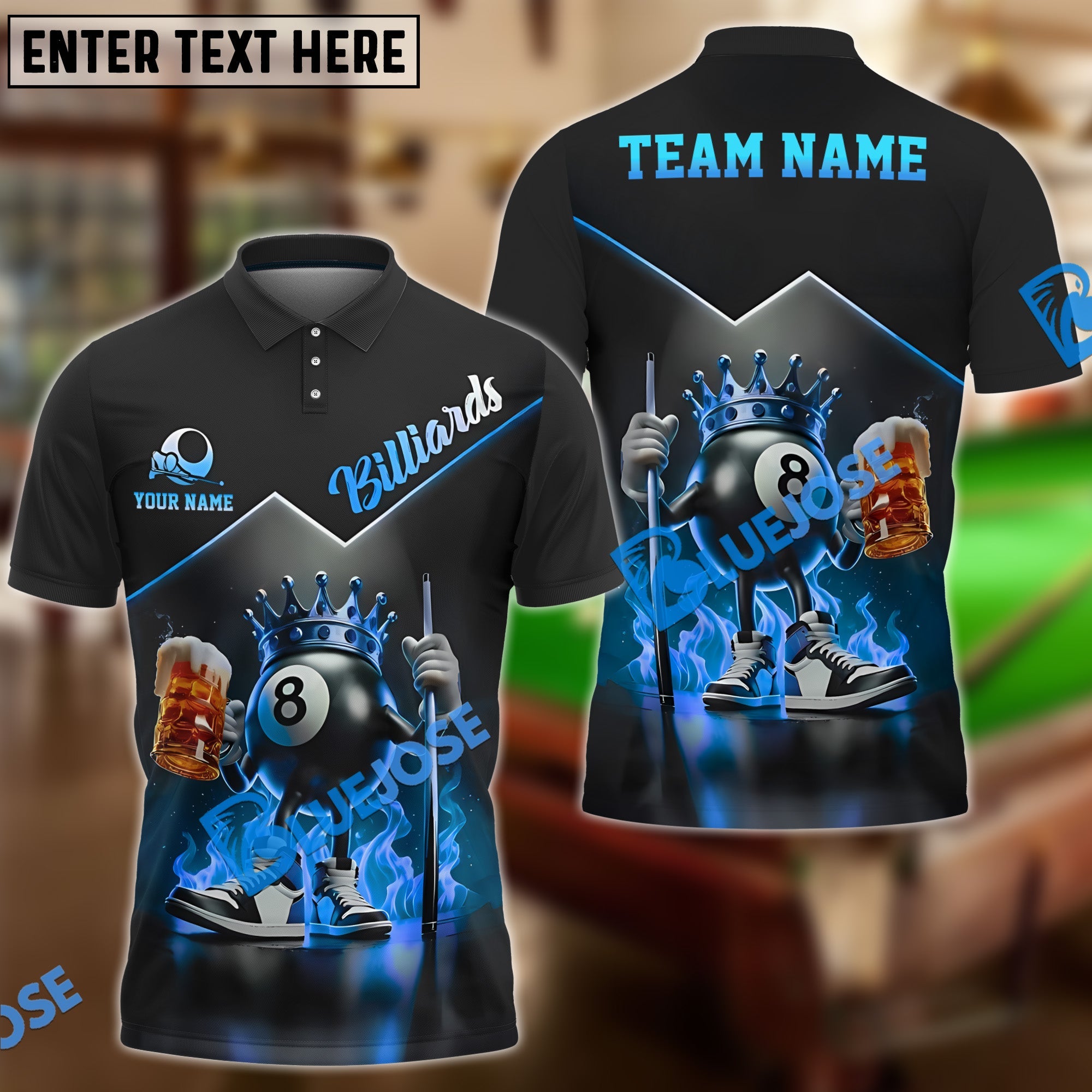 BlueJose Billiards Ball 8 Royal King with Beer & Fire Personalized Name & Team Name Shirt (4 Colors)