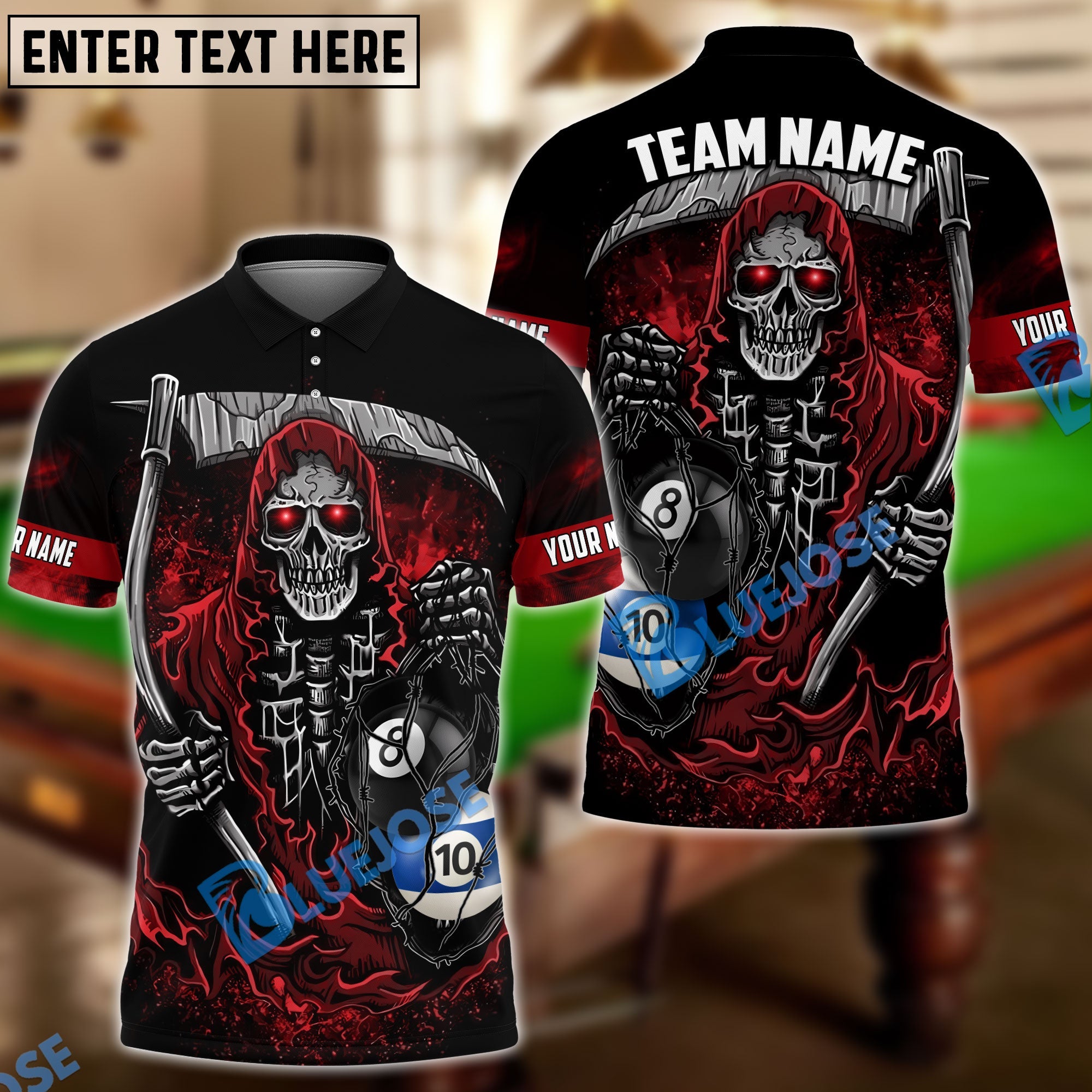 BlueJose Billiards Ball 8 & Ball 10 Reaper Personalized Name Shirt (4 Colors)