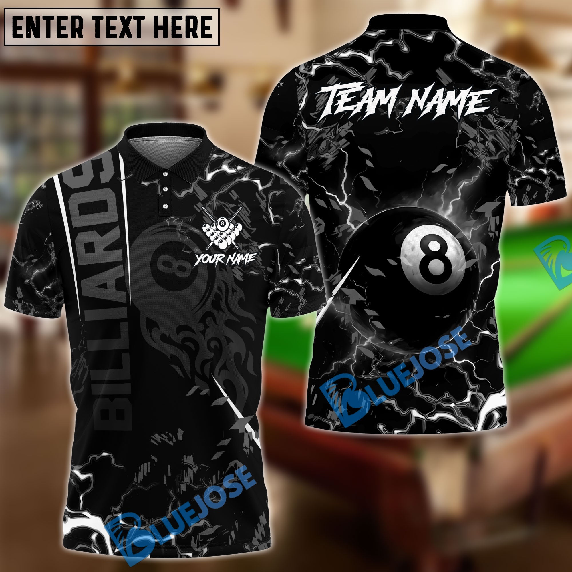 BlueJose Billiards Ball 8 Lightning Flame Personalized Name, Team Name Shirt (6 Colors)