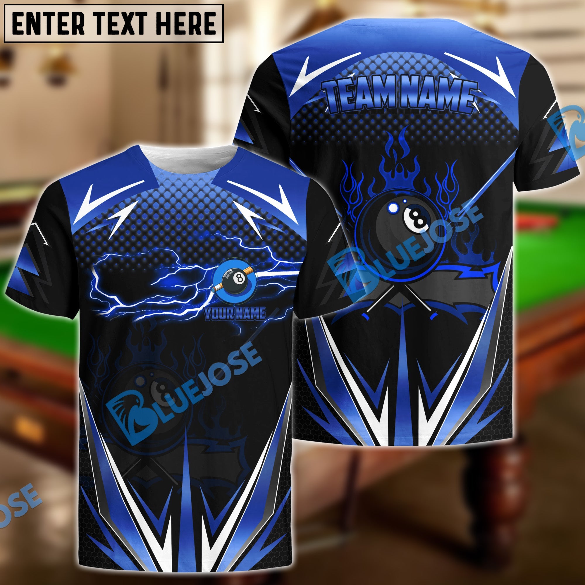 BlueJose Billiards Golden Inferno Power 8-Ball Pool Personalized Name Shirt (4 Colors)