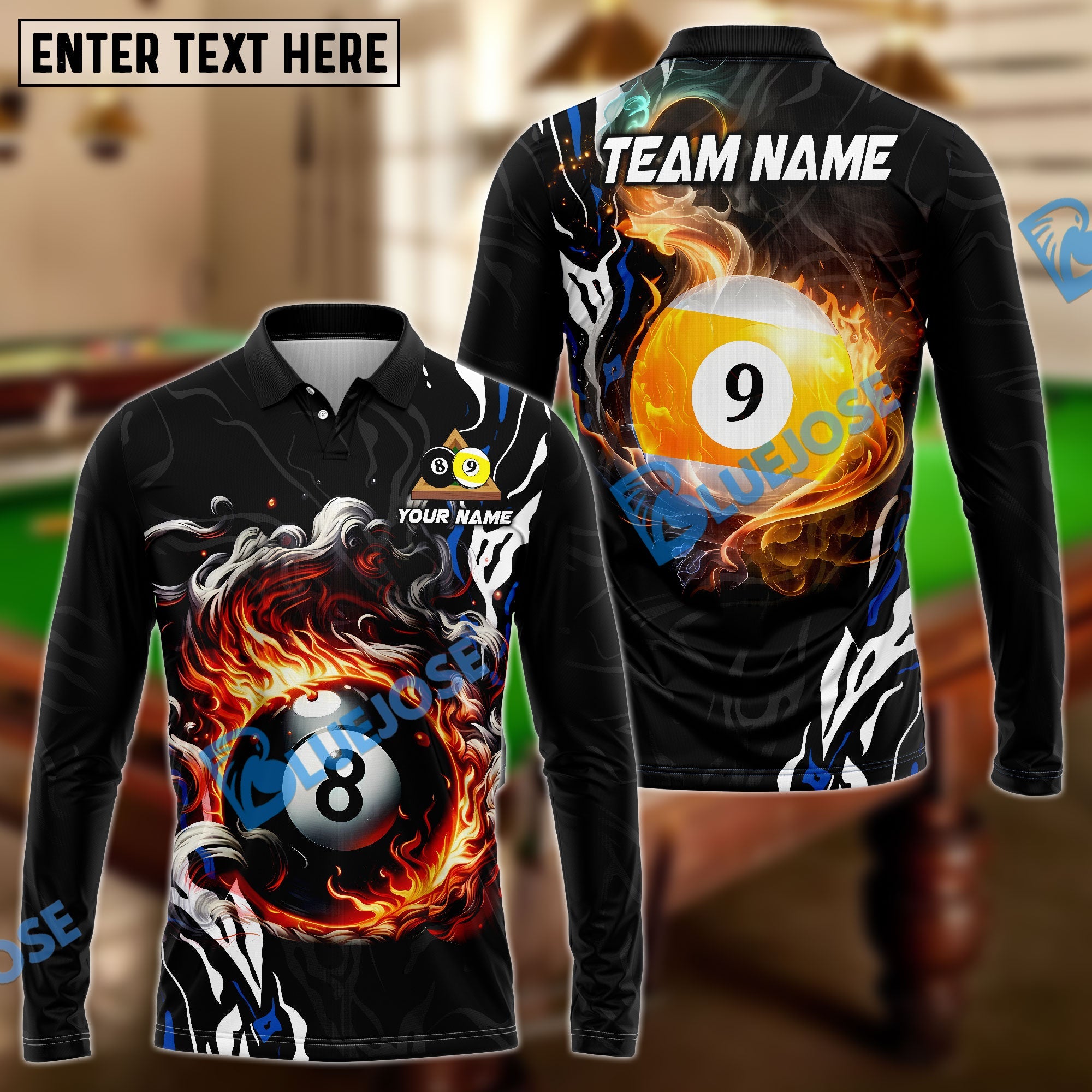 BlueJose Billiards 8 Ball & 9 Ball Smoke Flame Personalized Name Shirt (4 Colors)