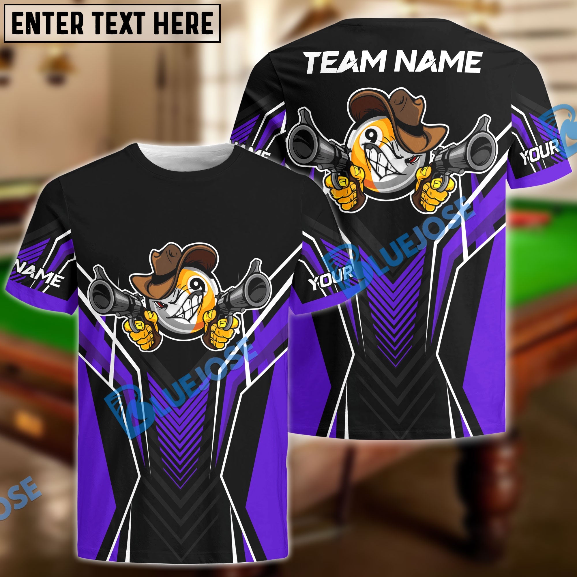BlueJose Billiards 9 Ball Cowboy Gunny Premium Personalized Name, Team Name Unisex Shirt (4 Colors)