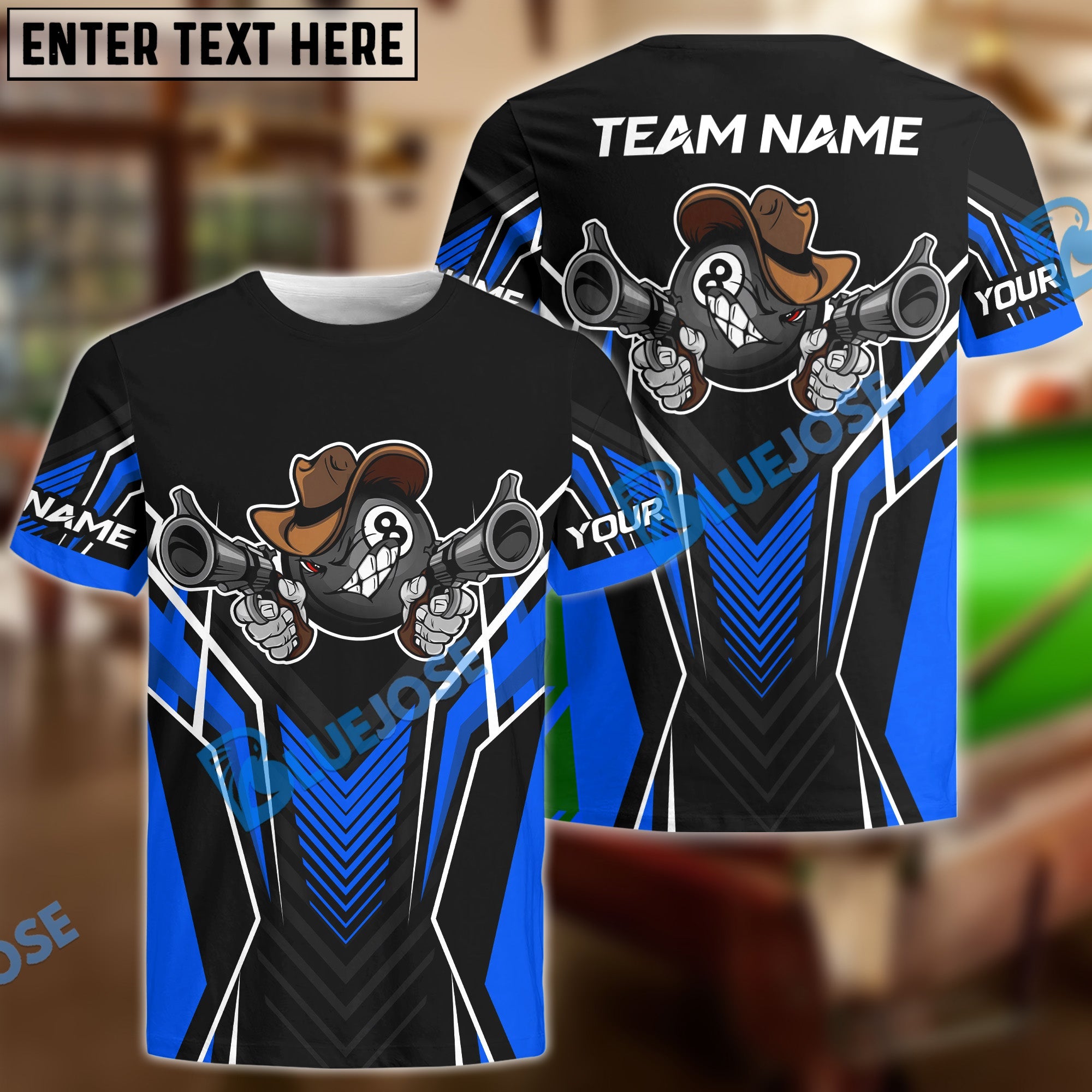 BlueJose Billiards 8 Ball Cowboy Gunny Premium Personalized Name, Team Name Unisex Shirt (4 Colors)