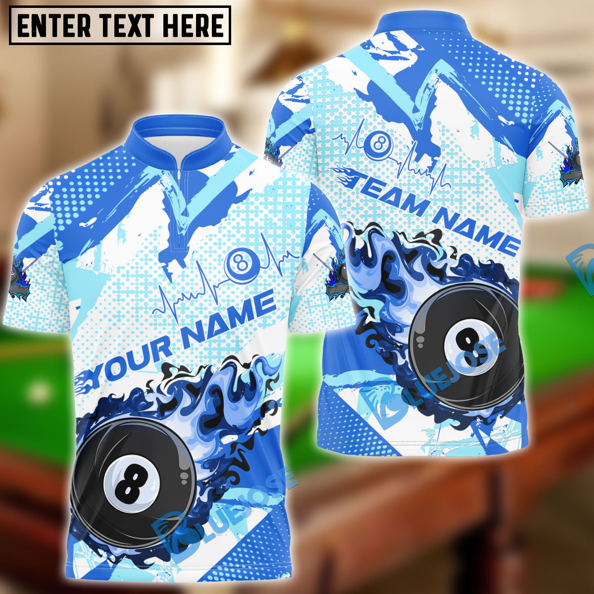 BlueJose Billiards Ball 8 Paint Fire Flame Personalized Name Team Name Unisex Shirt (4 Colors)