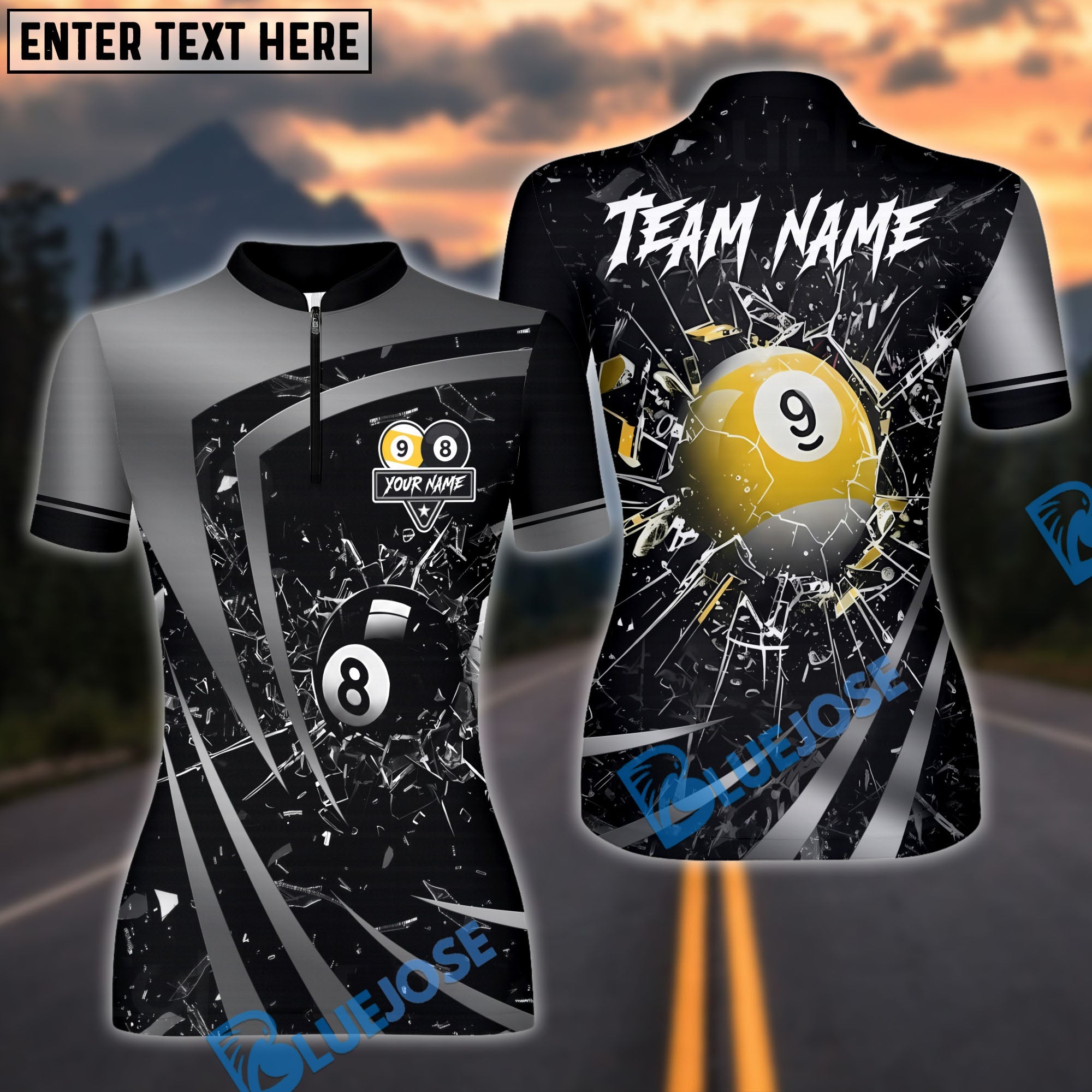 BlueJose Billiards 8 Ball & 9 Ball Metallic Break Glass Customized Name, Team Name 3D Shirt (6 Colors)