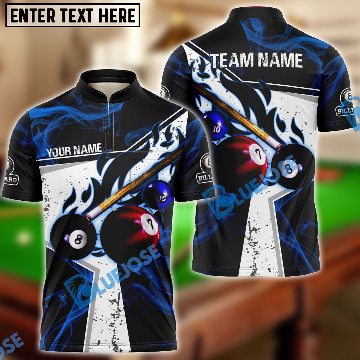 BlueJose Billiards Ball 8 Dark Flame Stroke Personalized Name, Team Name Unisex Shirt (6 Colors)