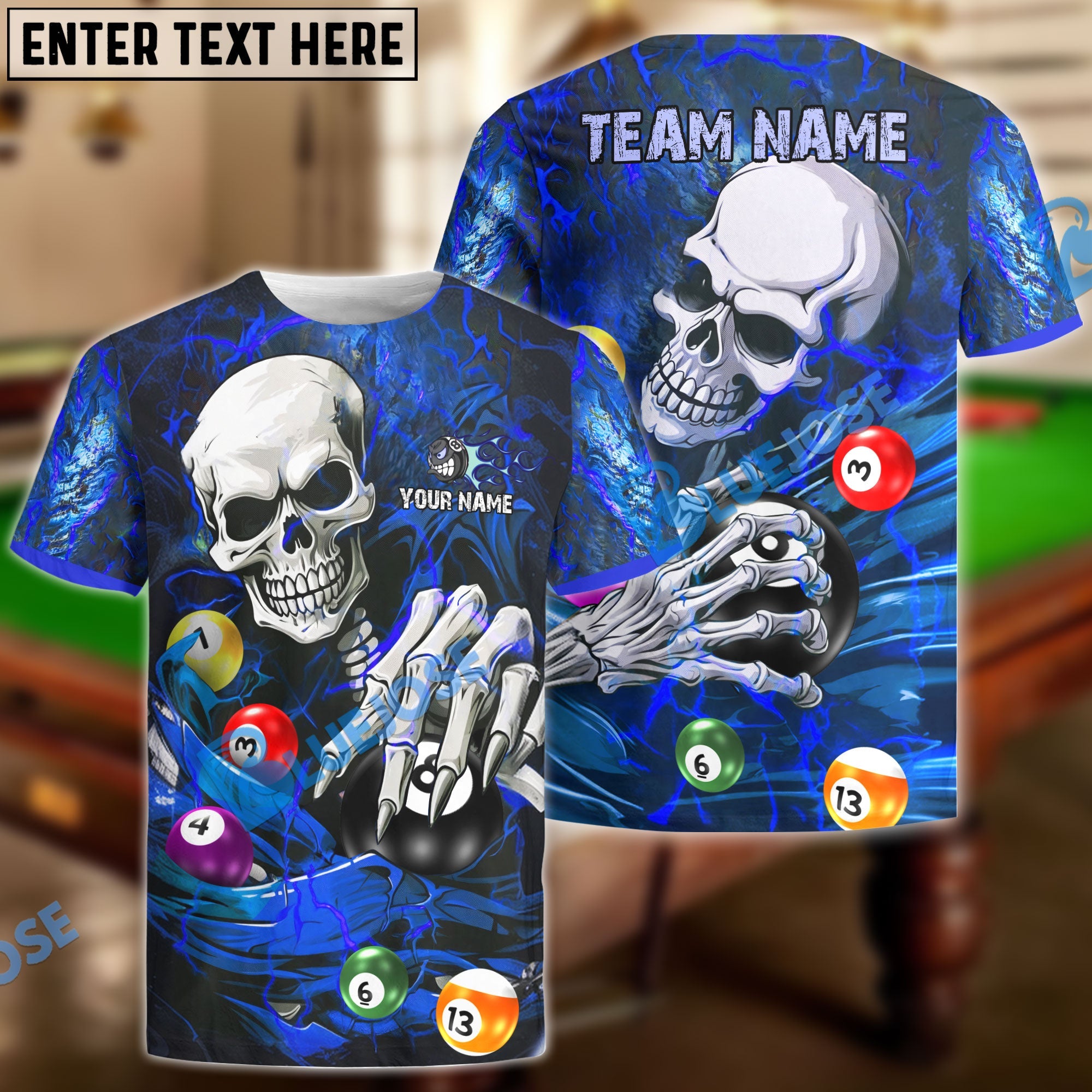 BlueJose Billiards Ball 8 Skull Lightning Personalized Name & Team Name Shirt (4 Colors)