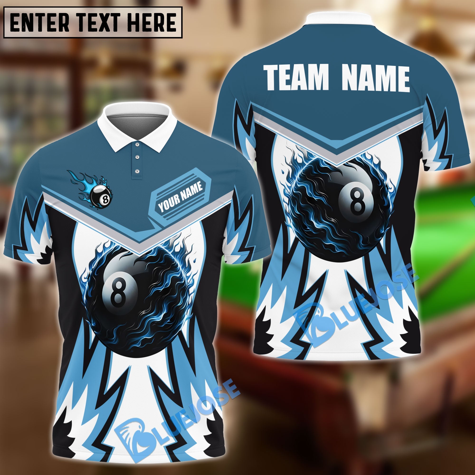 BlueJose Billiards Ball 8 Fire Wings Personalized Name Shirt (4 Colors)