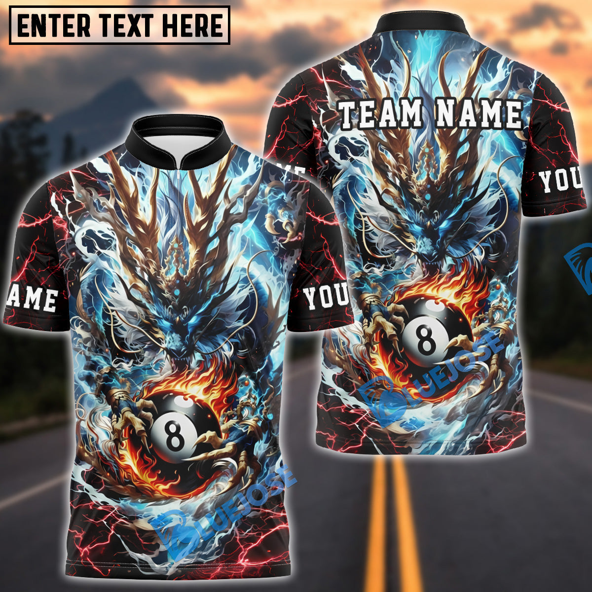 BlueJose Billiards Ball 8 Mystic Storm Dragon Personalized Name Shirt (4 Colors)