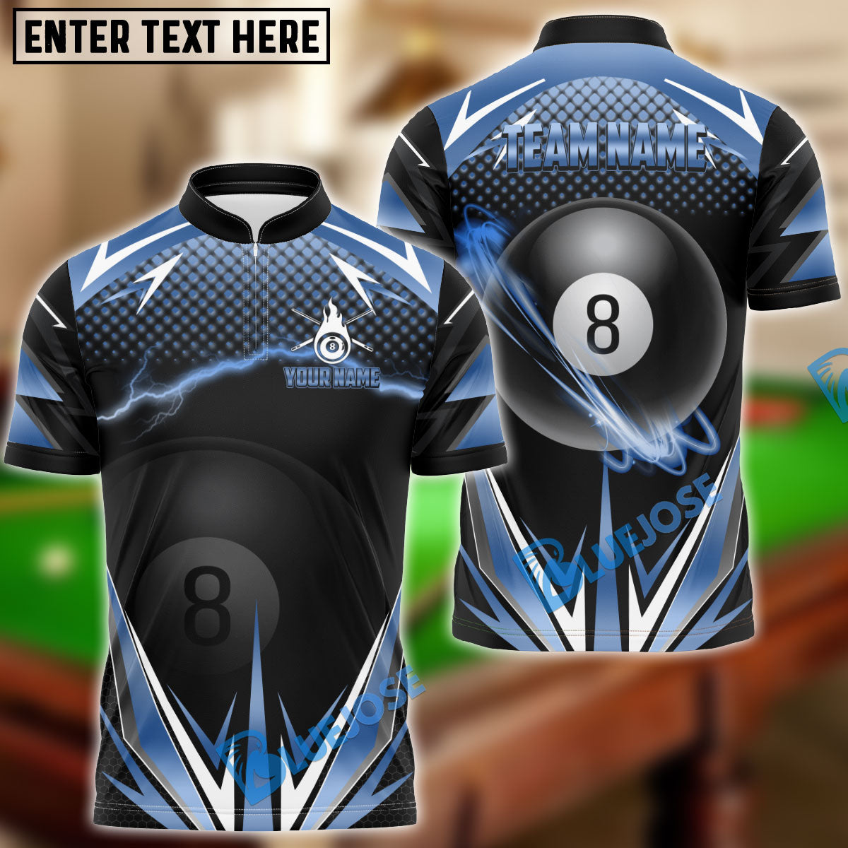BlueJose Billiards Golden Lightning Blast 8-Ball Pool Personalized Name Shirt (4 Colors)