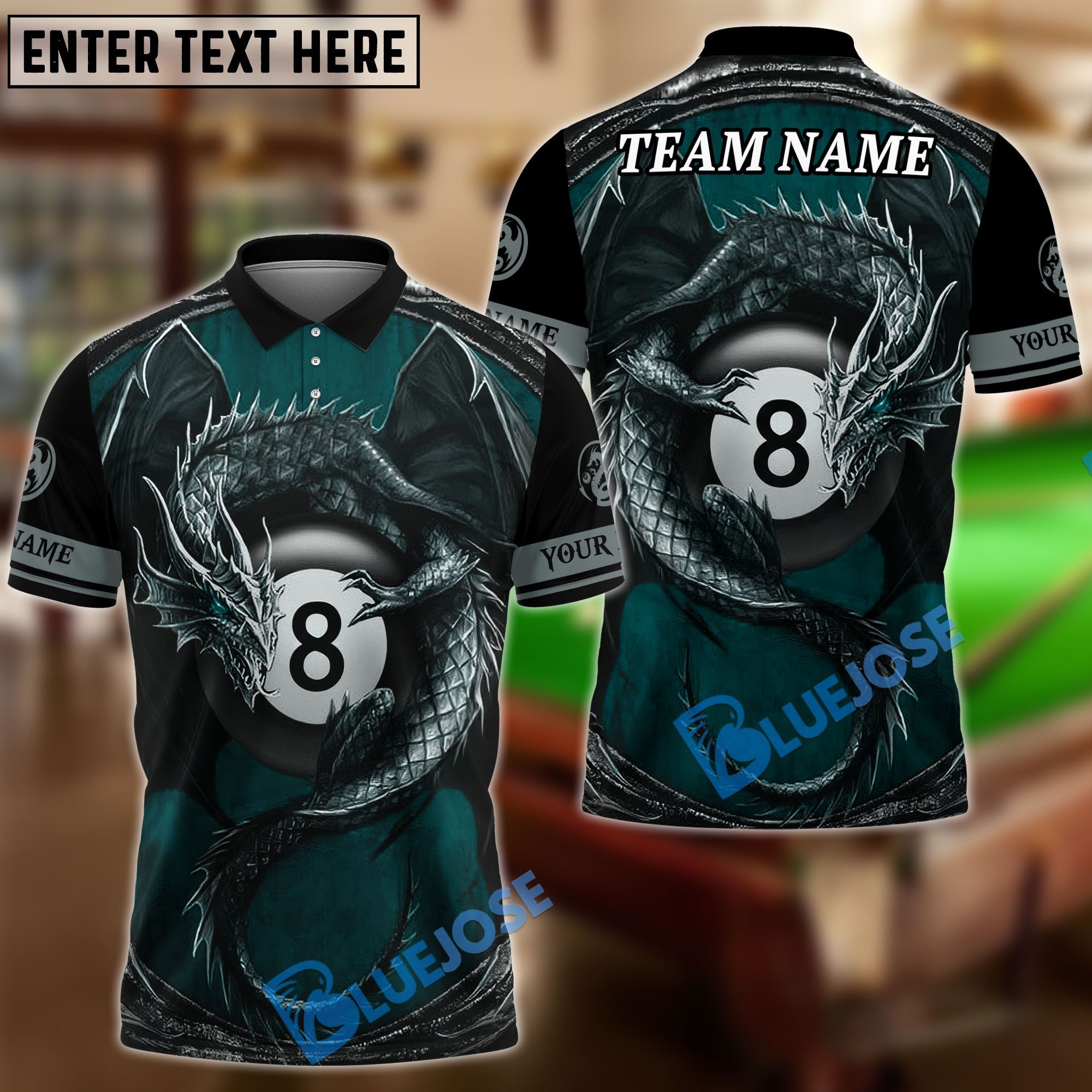 BlueJose Billiards Ball 8 Dragon Owner Personalized Name & Team Name Shirt (4 Colors)
