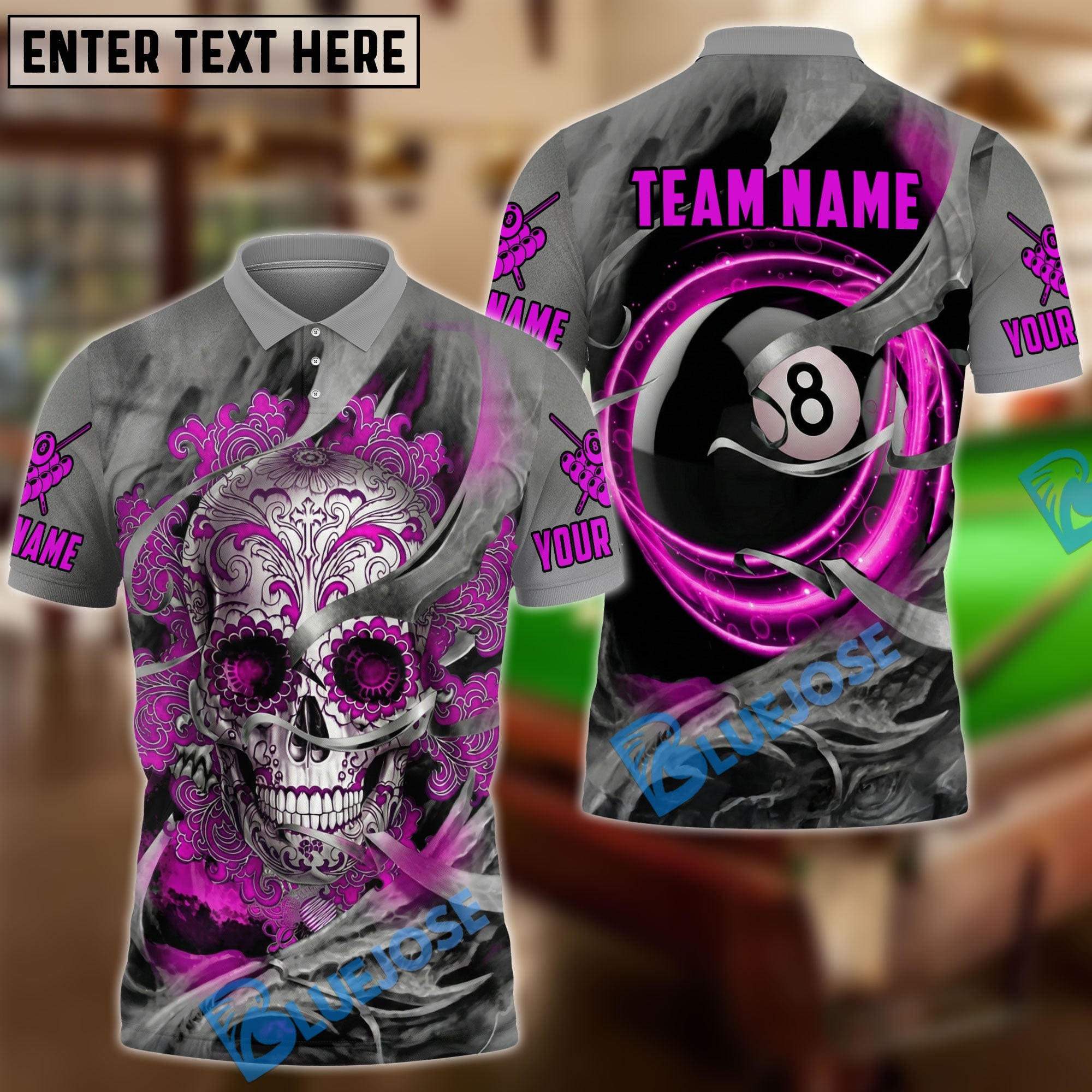 BlueJose Billiards Ball 8 Sugar Skull Personalized Name & Team Name Shirt (4 Colors)