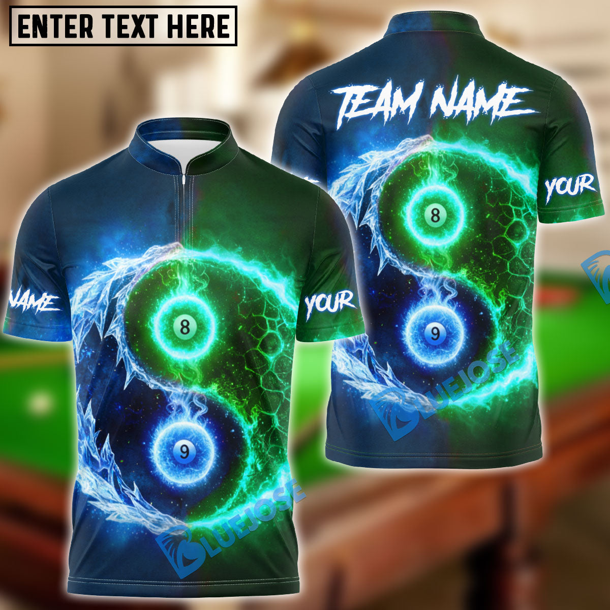 BlueJose Billiards Fire & Ice Ball 8&9 Personalized Name Shirt (4 Colors)