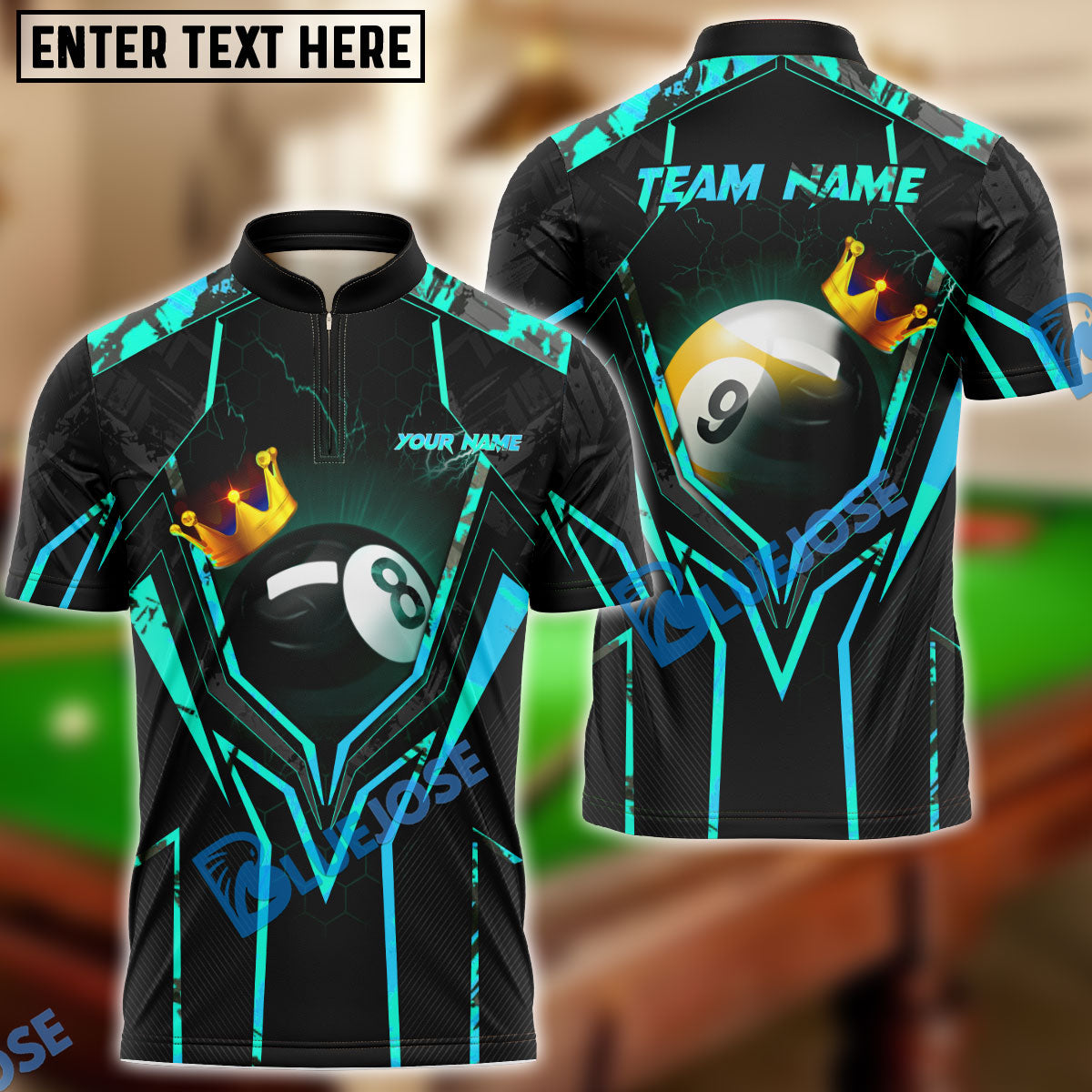 BlueJose Billiards King 8 Ball & 9 Ball Personalized Name, Team Name Shirt (4 Colors)