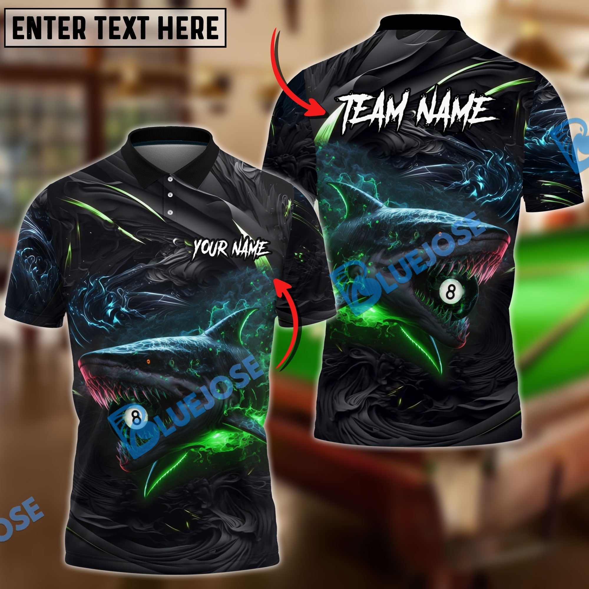 BlueJose Billiards 8 Ball Hell Flame Shark Personalized Name, Team Name Unisex Shirt (4 Colors)