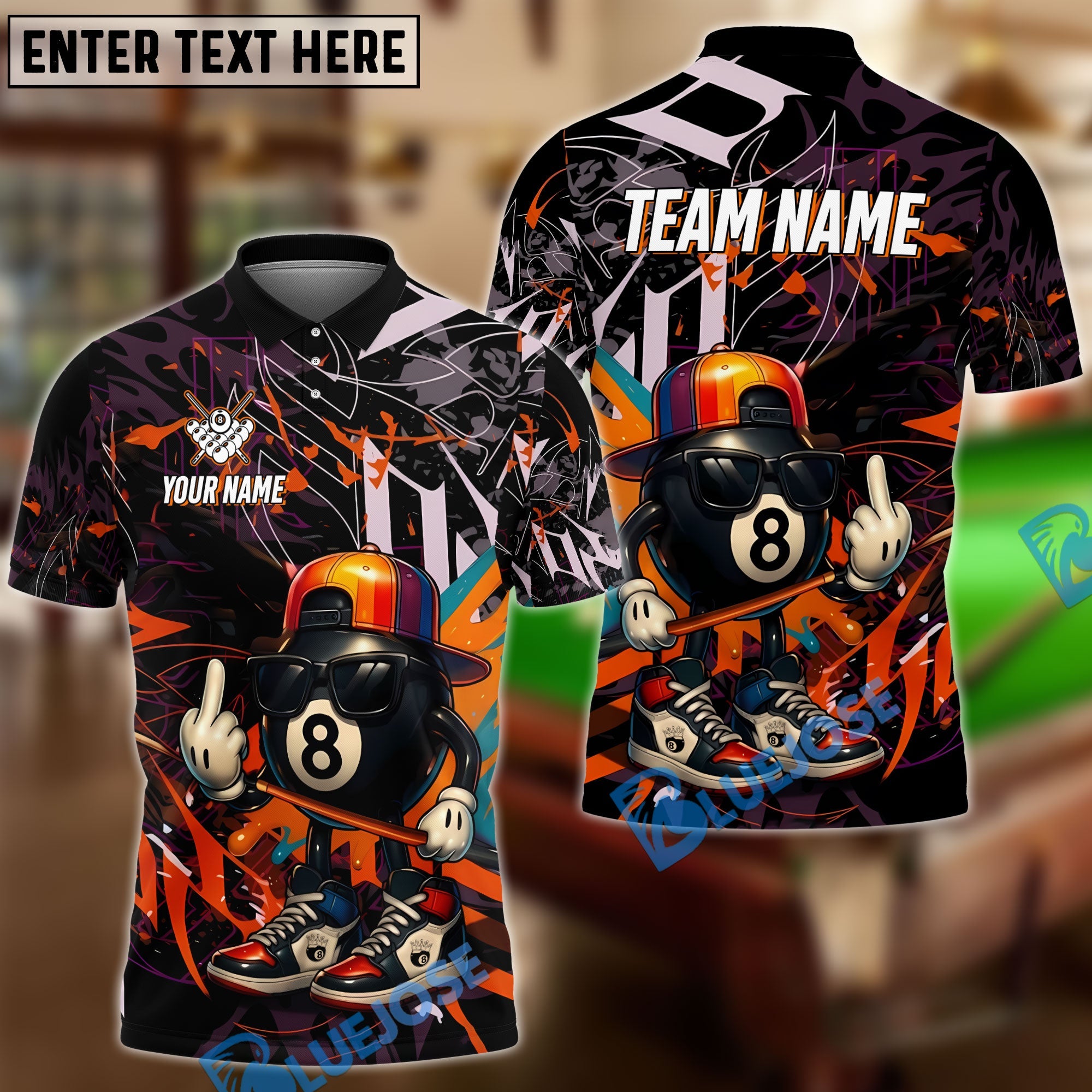 BlueJose Billiards Street Style 8-Ball Personalized Name Shirt (4 Colors)