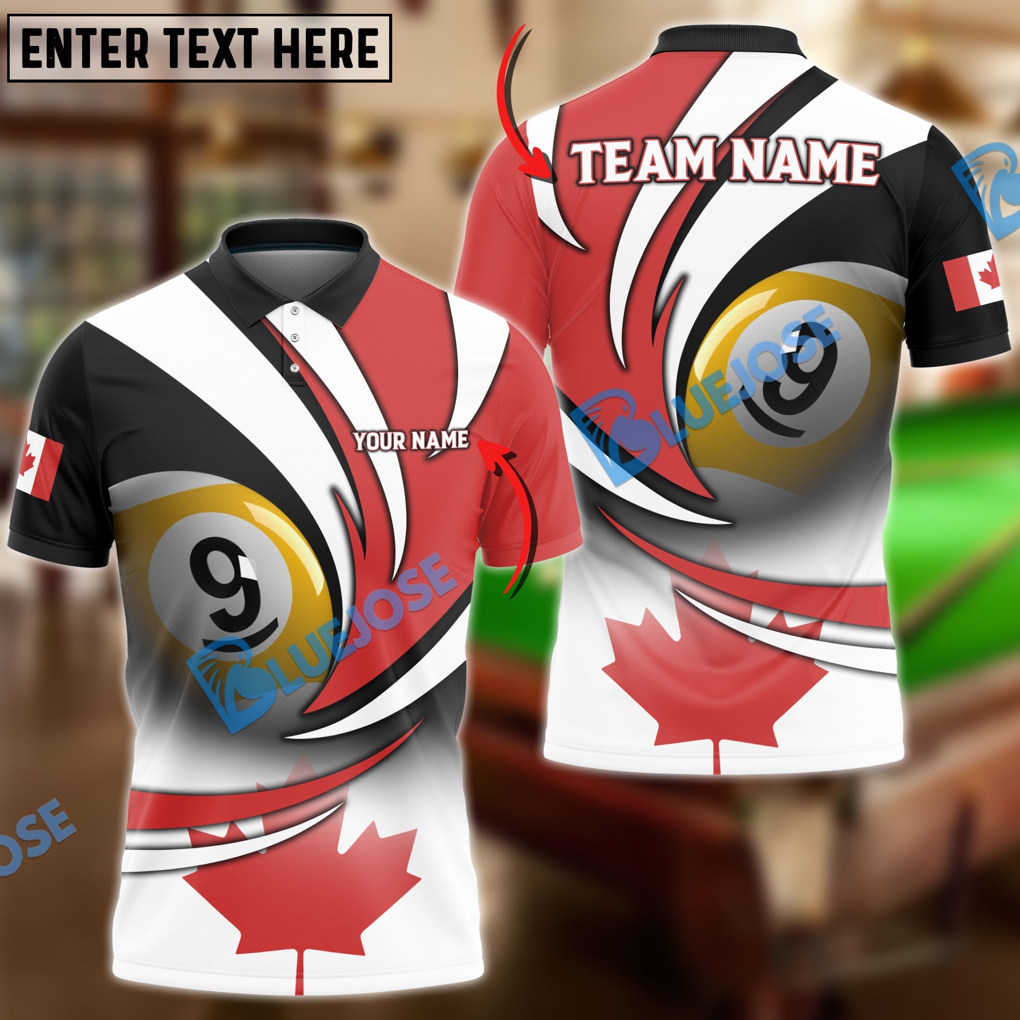 BlueJose Billiards Canada Flag Personalized Name, Team Name Unisex Shirt (3 Colors)