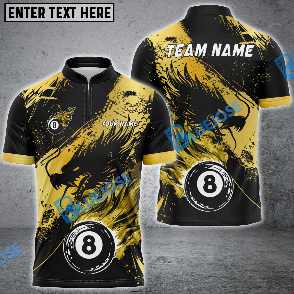 BlueJose Billiards Ball 8 Ink Fire Dragon Personalized Name Shirt (6 Colors)