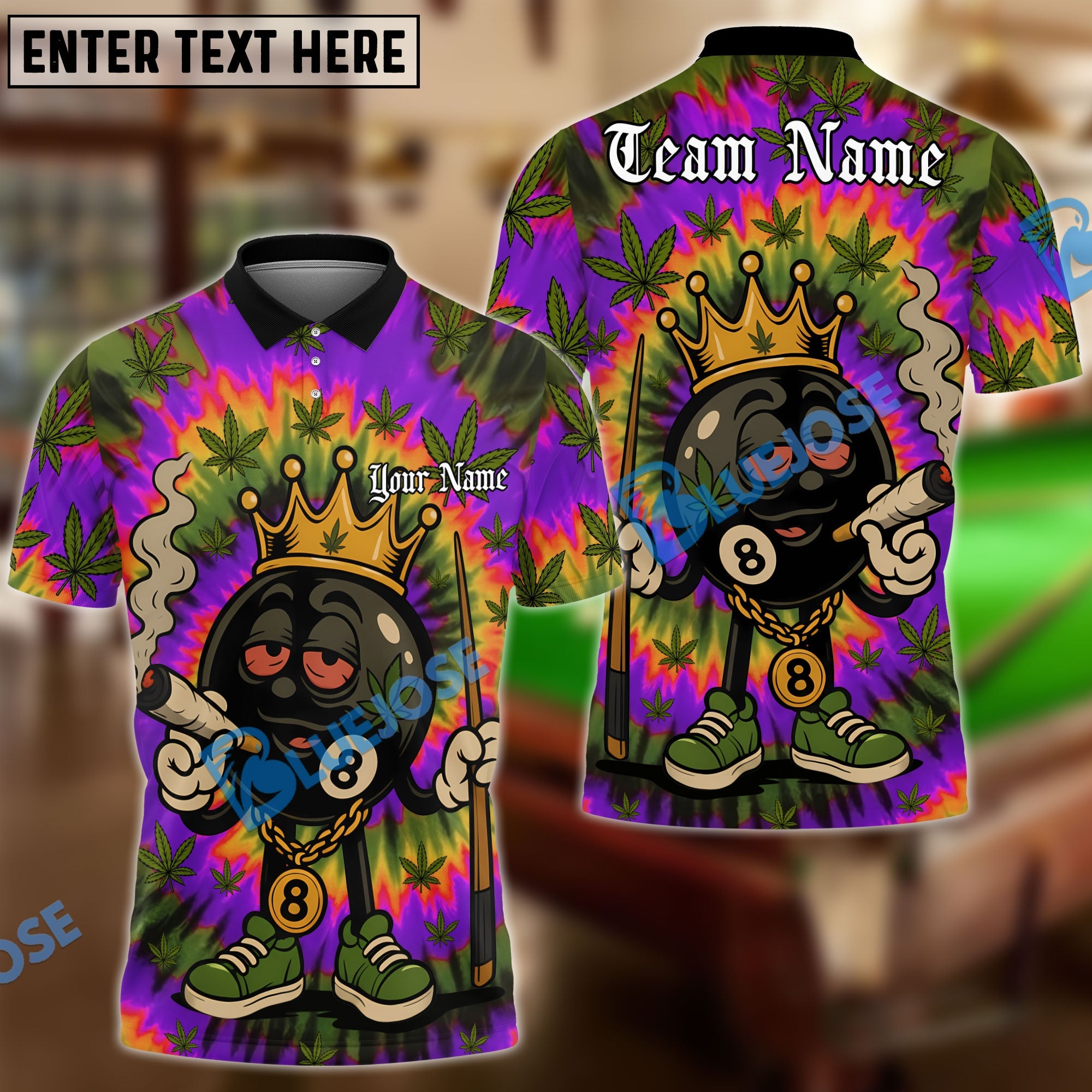 BlueJose Billiards 8 Ball Cartoon Rasta Weed Leaf Personalized Name, Team Name Unisex Shirt (4 Colors)