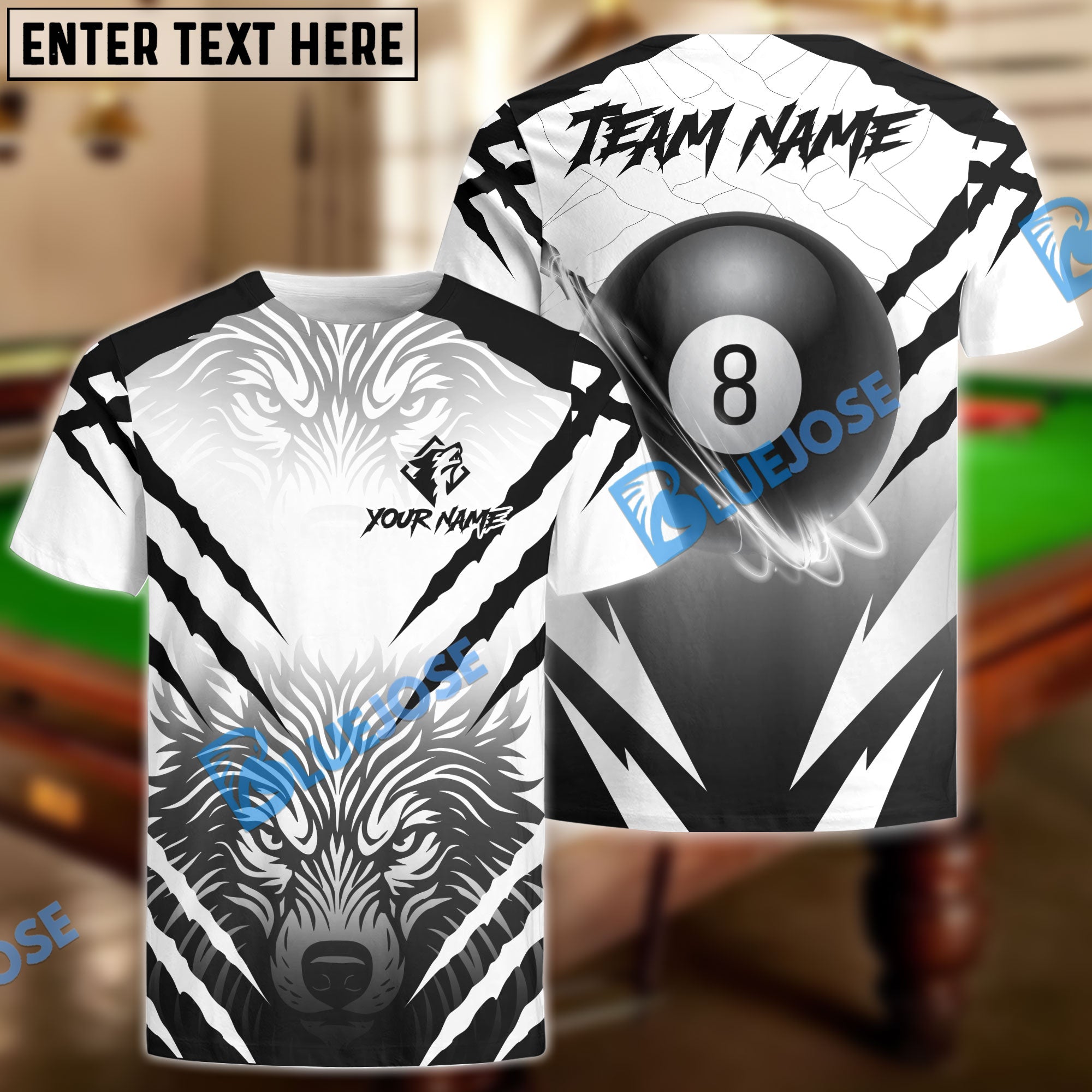BlueJose Billiards 8-Ball Wolf Pattern Personalized Name Shirt (4 Colors)