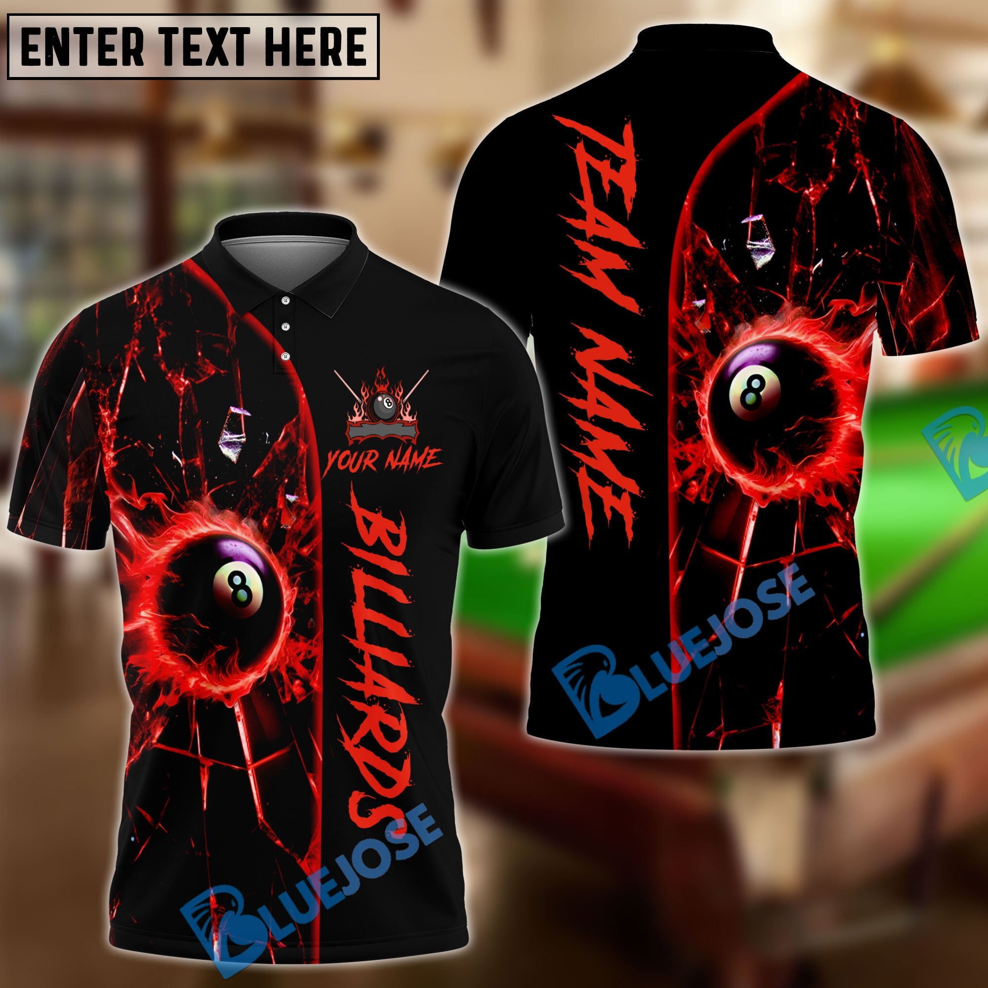 BlueJose Billiards Ball 8 Fire Break Glass Personalized Name Shirt (4 Colors)