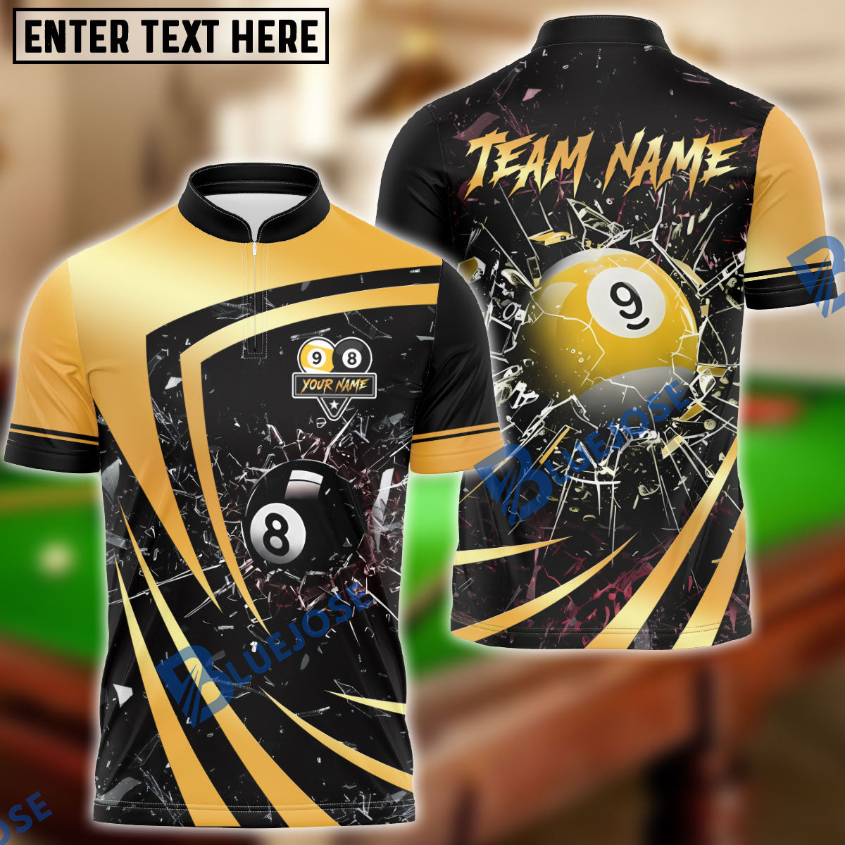 BlueJose Billiards 8 Ball & 9 Ball Metallic Break Glass Customized Name, Team Name 3D Shirt (6 Colors)