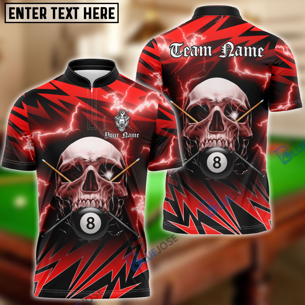 BlueJose Billiards Ball 8 Deadly Thunder Skull Personalized Name Shirt (6 Colors)