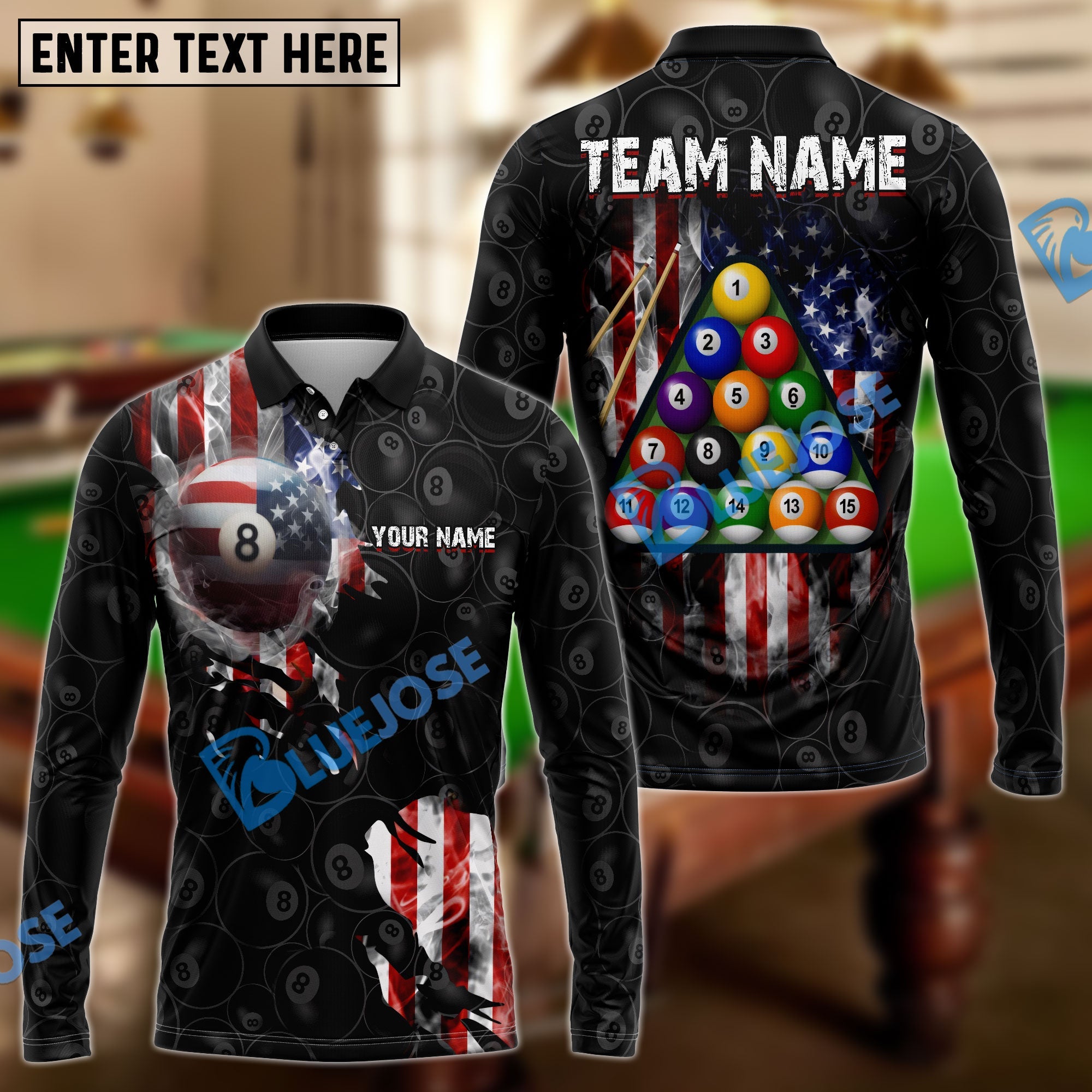 BlueJose Billiards USA Flag 8 Ball Stars And Stripes Style Personalized Shirt (2 Colors)
