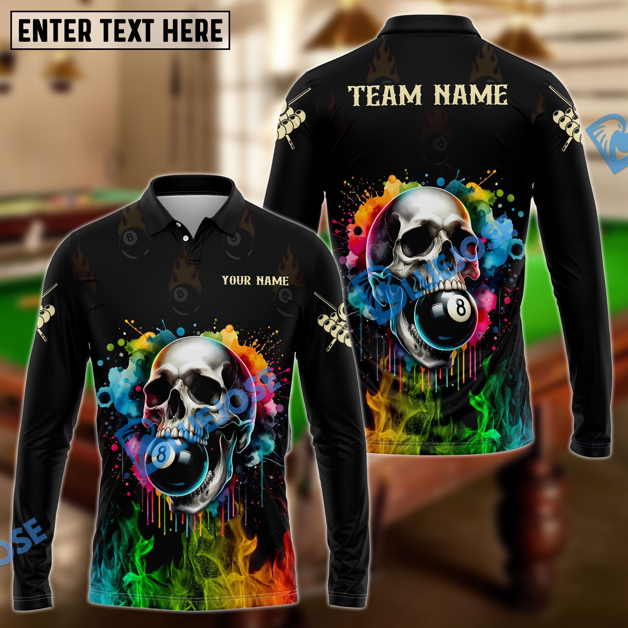 BlueJose Billiards Colorful Skull Personalized Name, Team Name Unisex Shirt