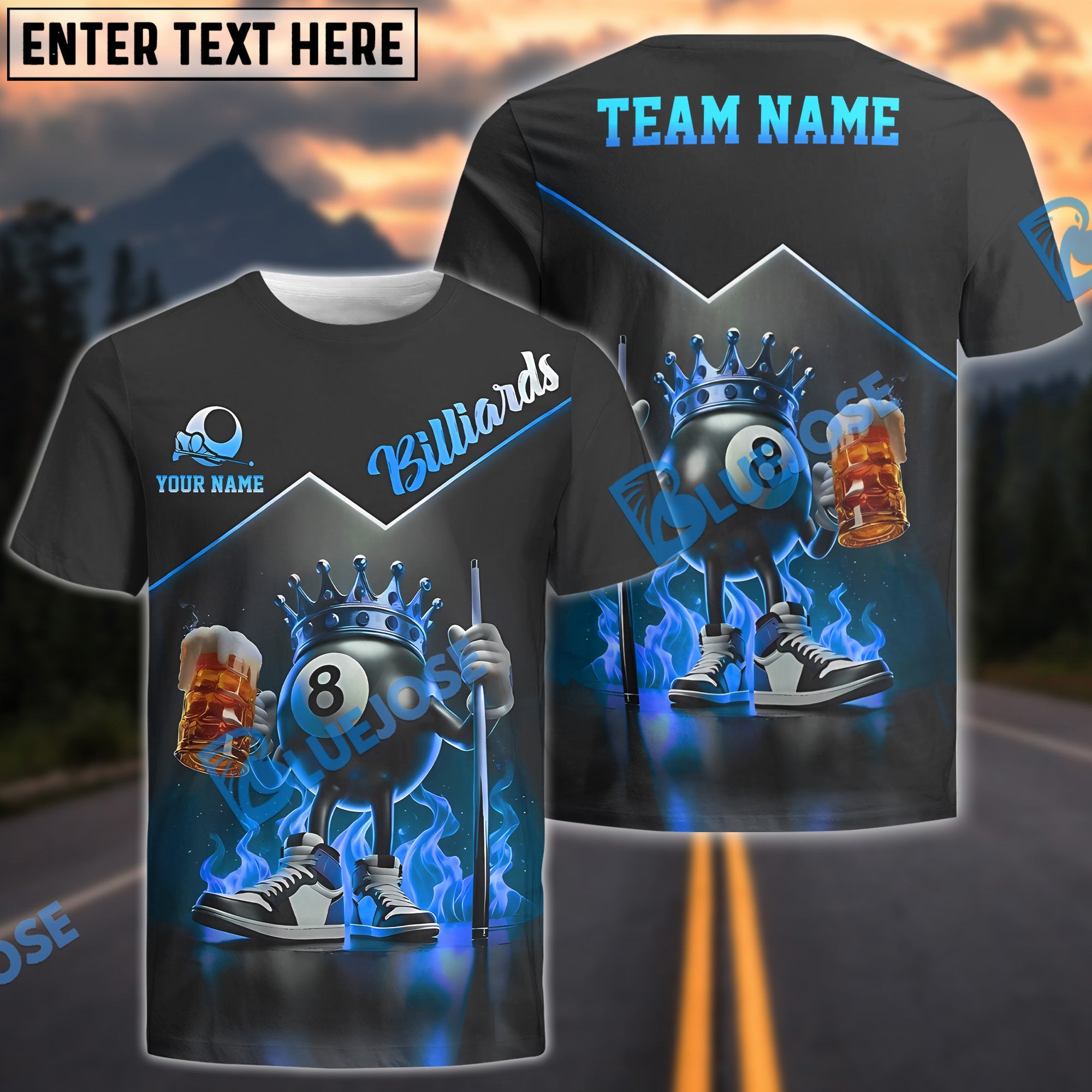 BlueJose Billiards Ball 8 Royal King with Beer & Fire Personalized Name & Team Name Shirt (4 Colors)