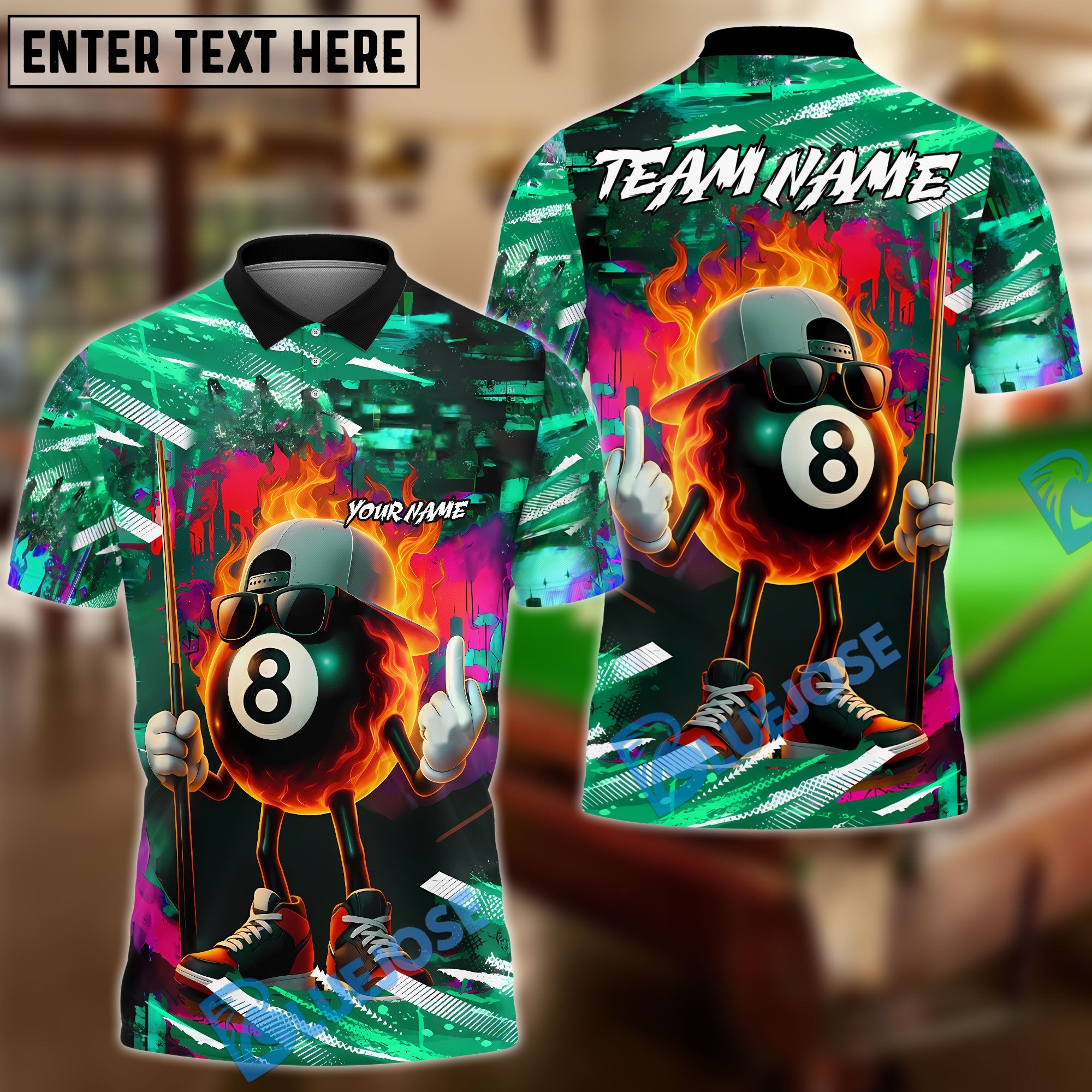 BlueJose Billiards 8 Ball Street Style Flaming Personalized Name, Team Name Unisex Shirt (4 Colors)