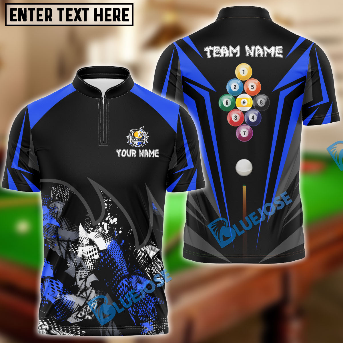 BlueJose Billiards Ball 9 Broken Fire Personalized Name & Team Name Shirt (4 Colors)