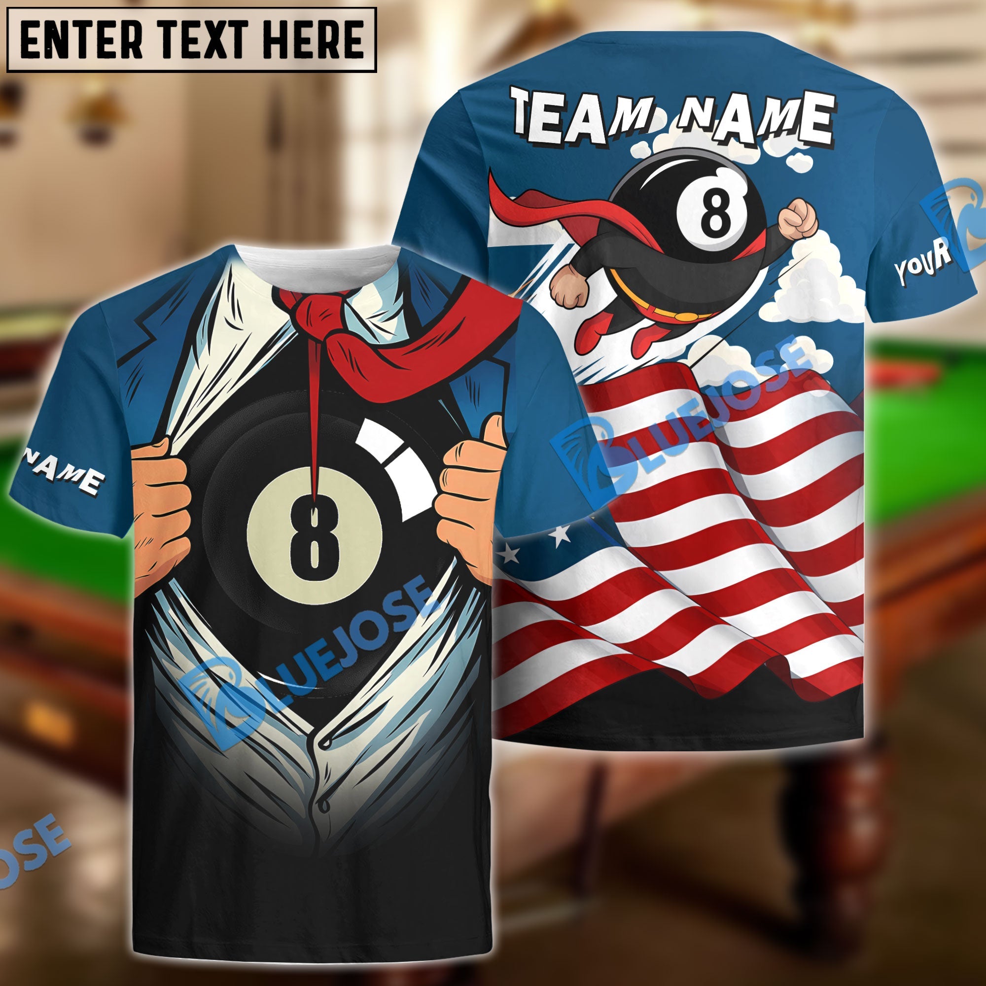 BlueJose Billiards Super Ball 8 Flag Customized Name, Team Name 3D Shirt
