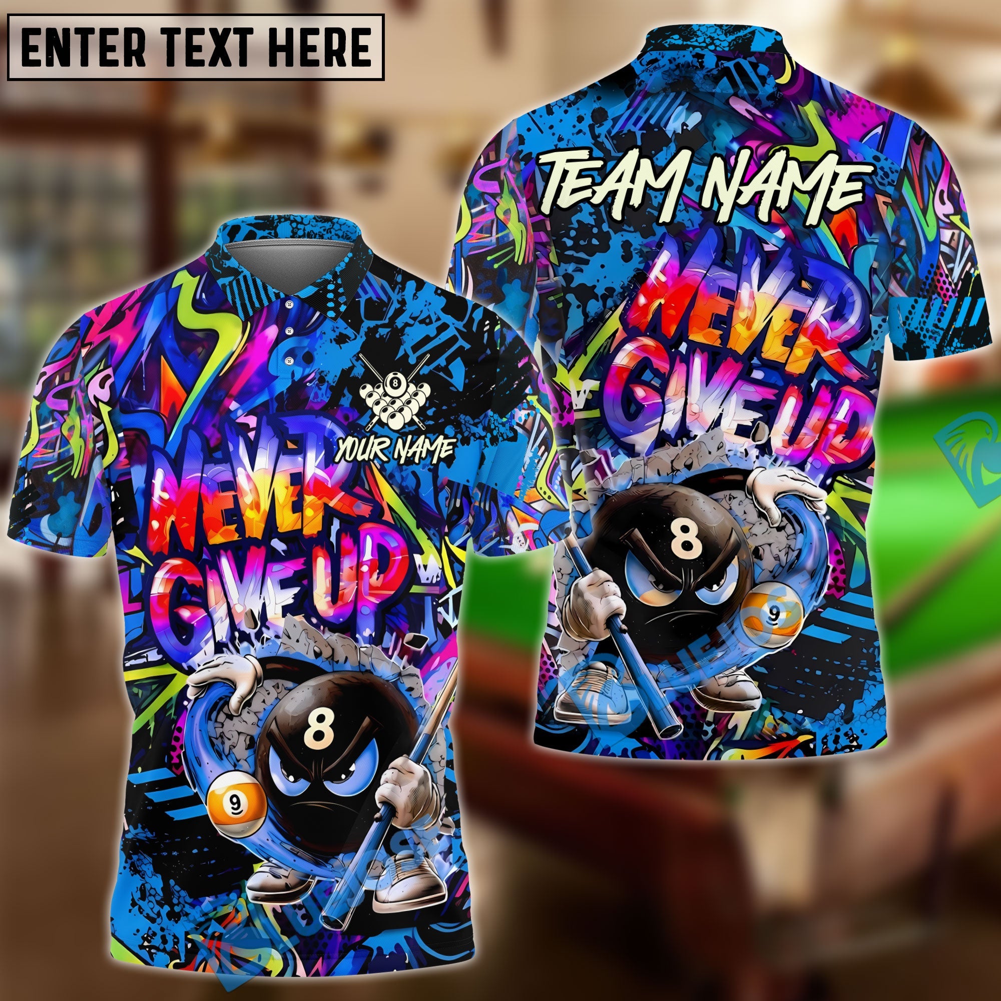 BlueJose Billiards 8 Ball Serious Never Give Up Graffiti Personalized Name Shirt (4 Colors)