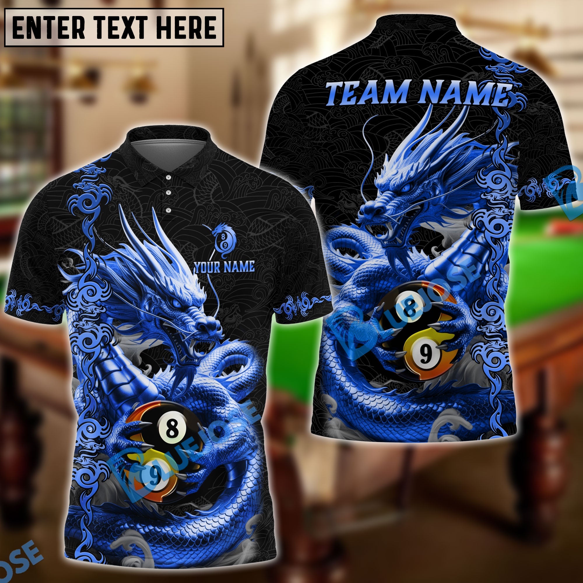 BlueJose Billiards 8 Ball 9 Ball Golden Dragon Yin And Yang Personalized Name Shirt (4 Colors)