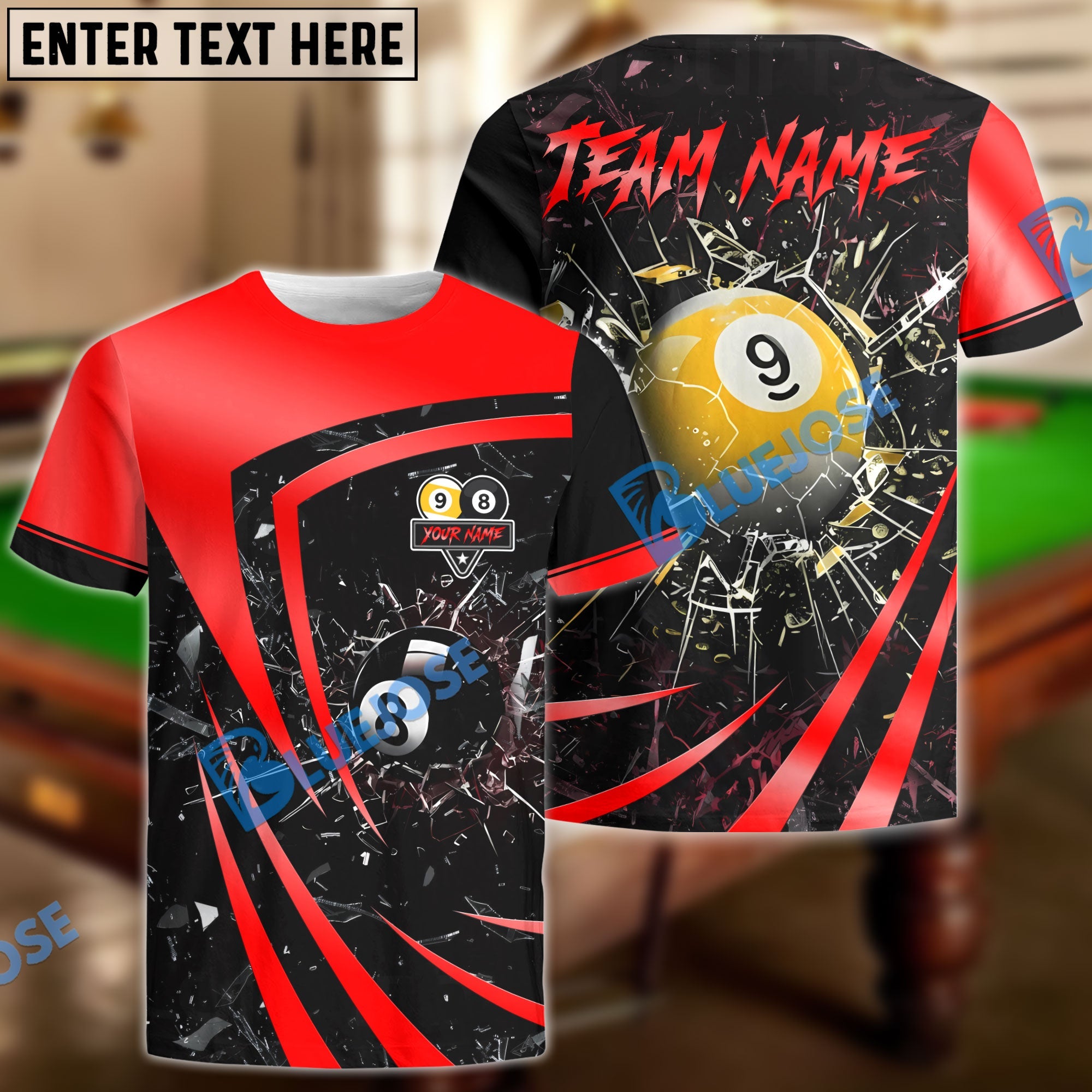 BlueJose Billiards 8 Ball & 9 Ball Metallic Break Glass Customized Name, Team Name 3D Shirt (6 Colors)