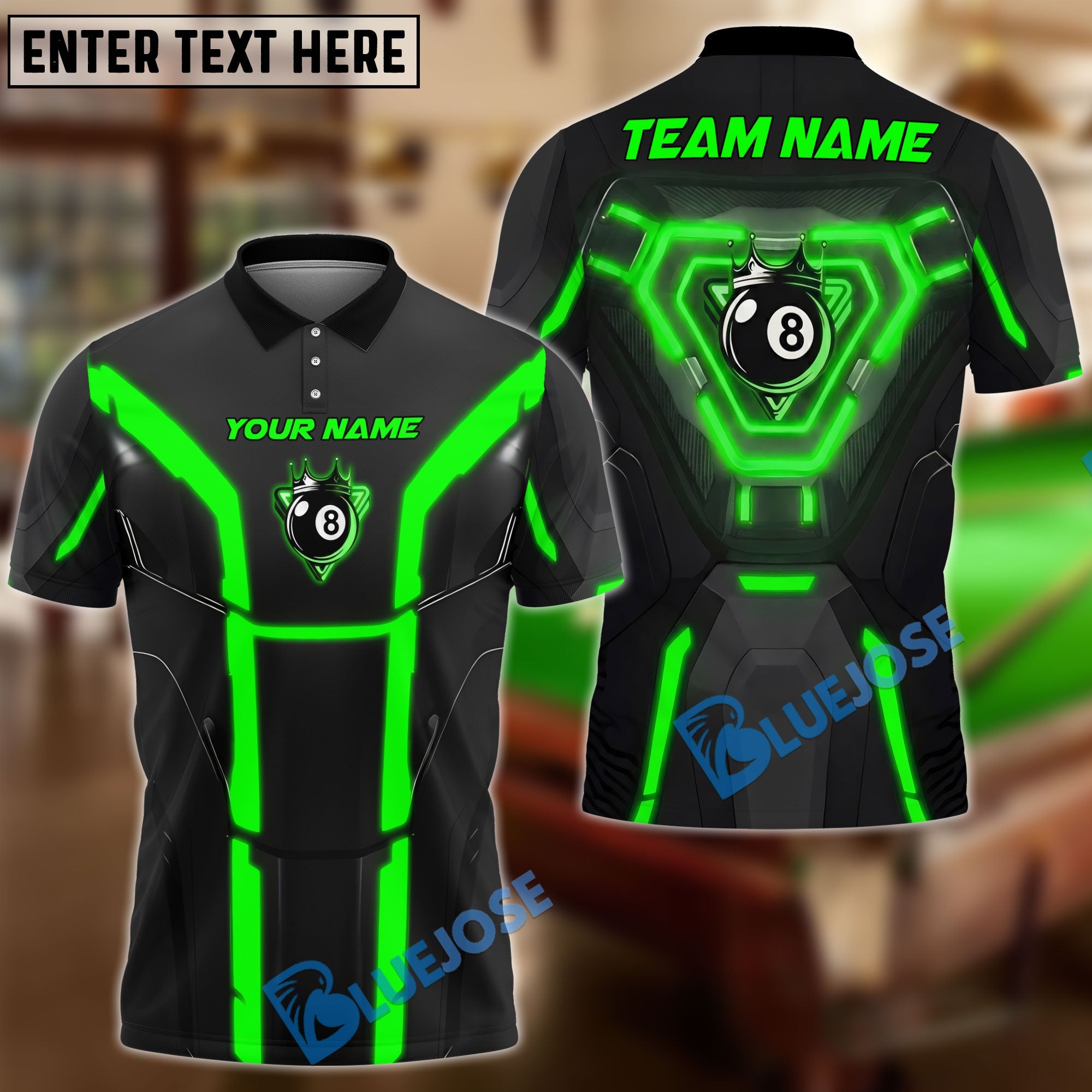 BlueJose Billiards 8-Ball Cyber Armor Neon Panels Personalized Name, Team Name Unisex Shirt (6 Colors)