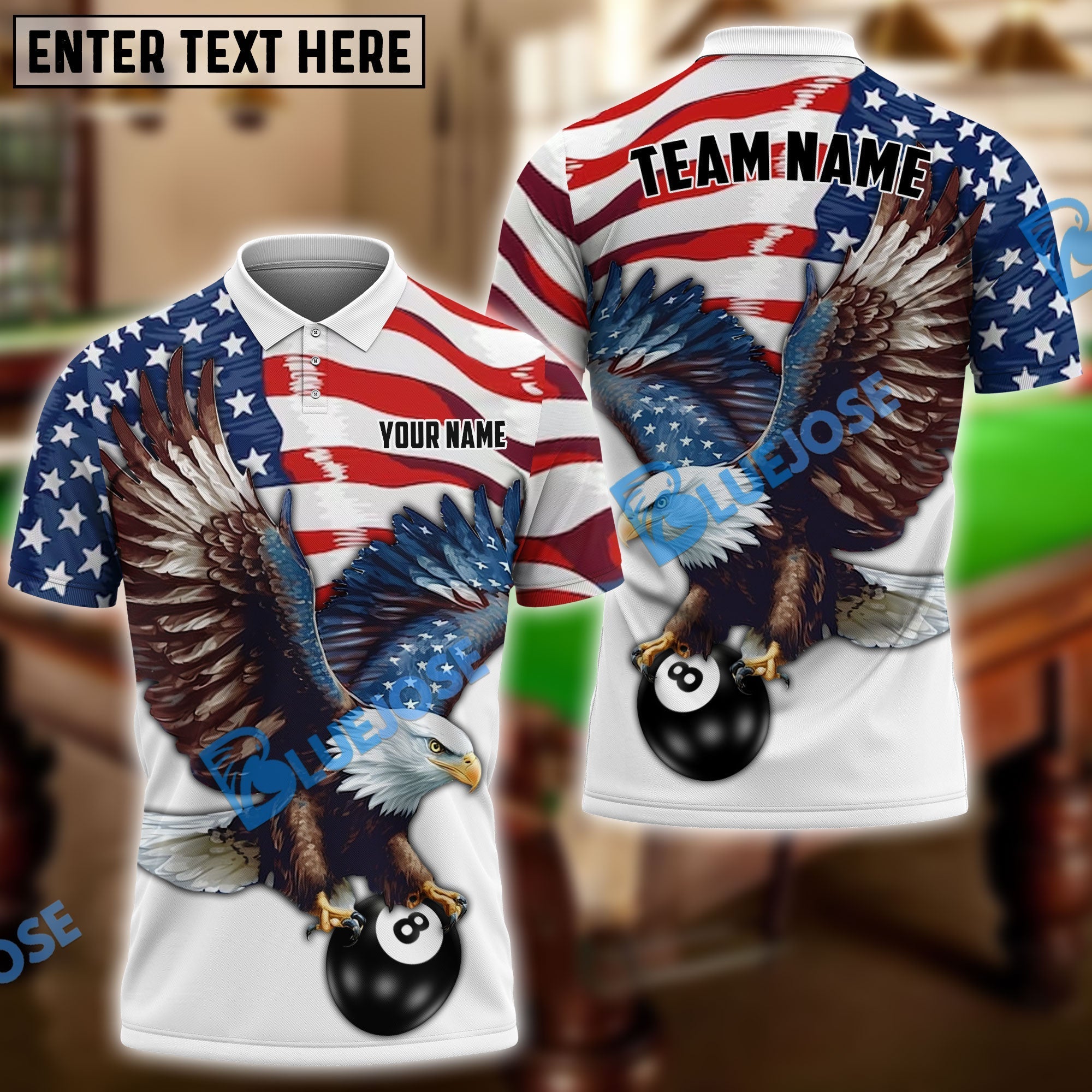 BlueJose Billiards 8 Ball Eagle US Flag Retro Personalized Name, Team Name Unisex Shirt
