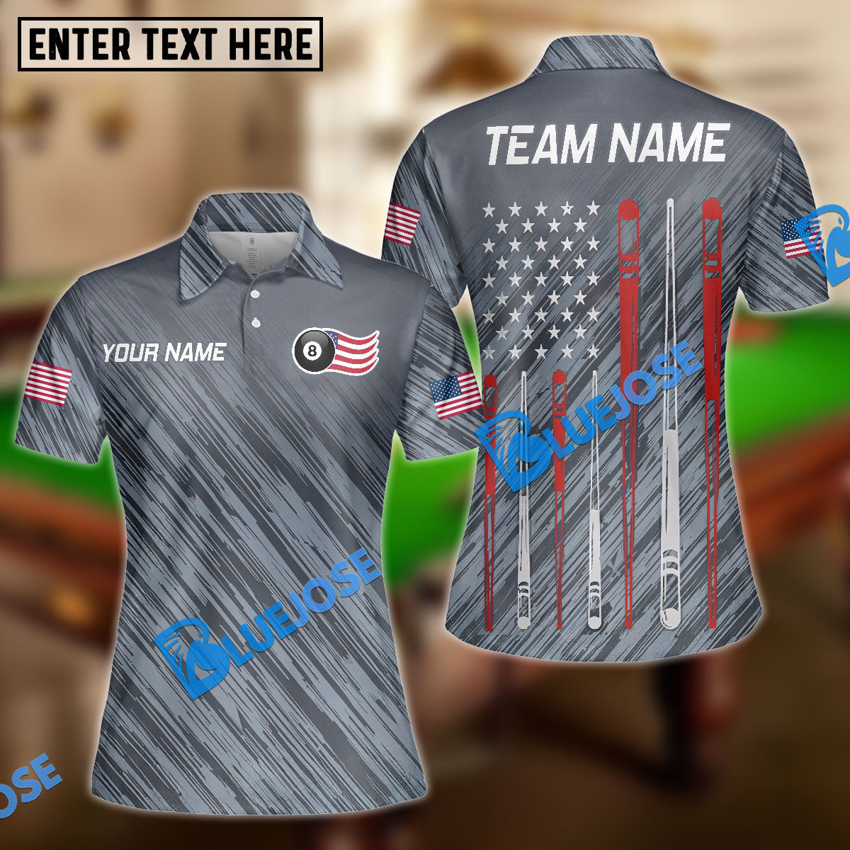 BlueJose Billiards Ball 8 American Flag and Pool Cues Customized Name, Team Name 3D Shirt