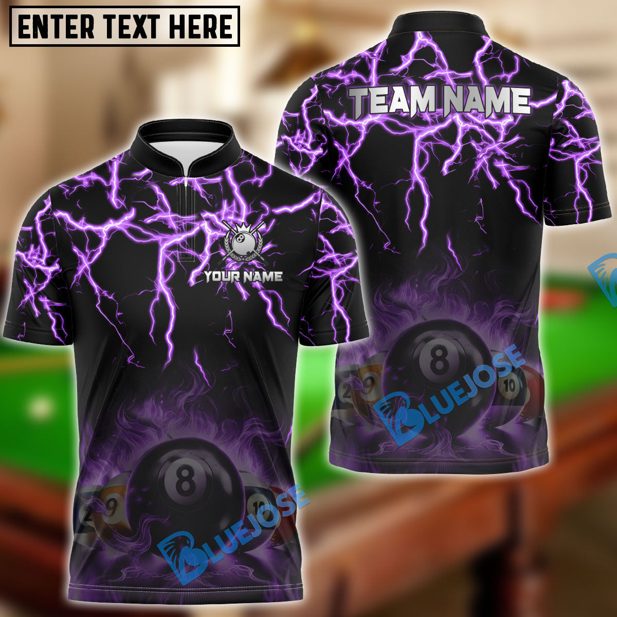 BlueJose Billiards Thunder Fire Ball Pattern Personalized Name, Team Name Unisex Shirt (4 Colors)