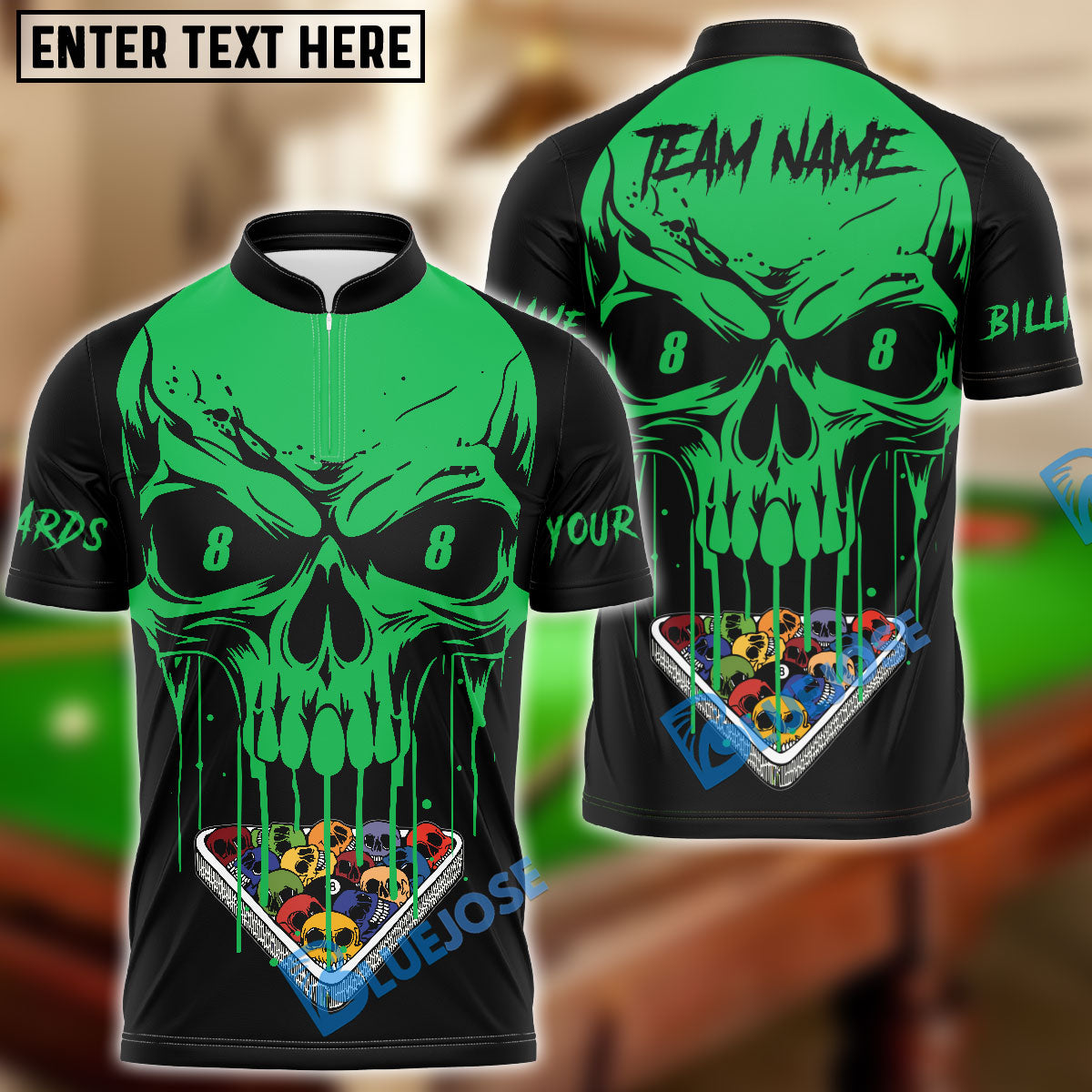 BlueJose Billiards Ball 8 Skull Personalized Name & Team Name Shirt (4 Colors)