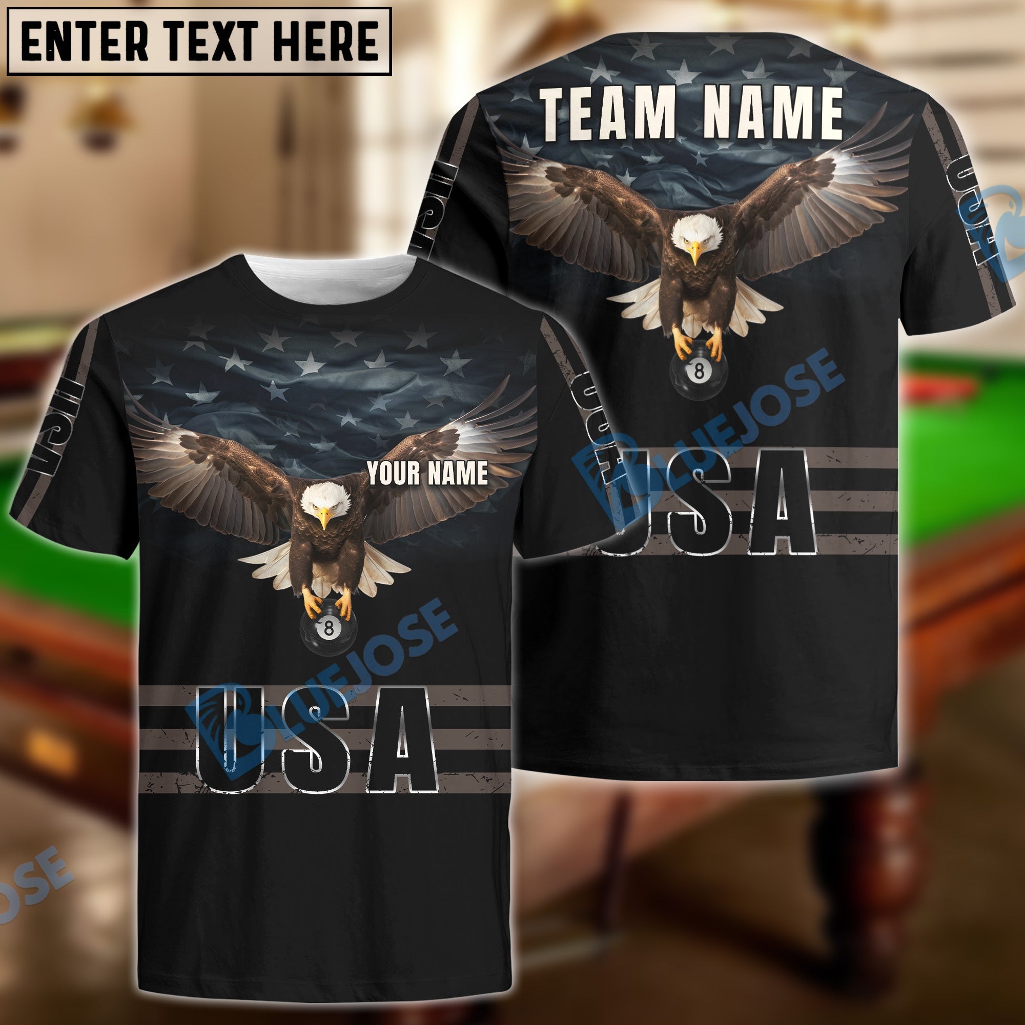 BlueJose Billiards Ball 8 & 9 American Eagle USA Personalized Name Shirt (2 Colors)