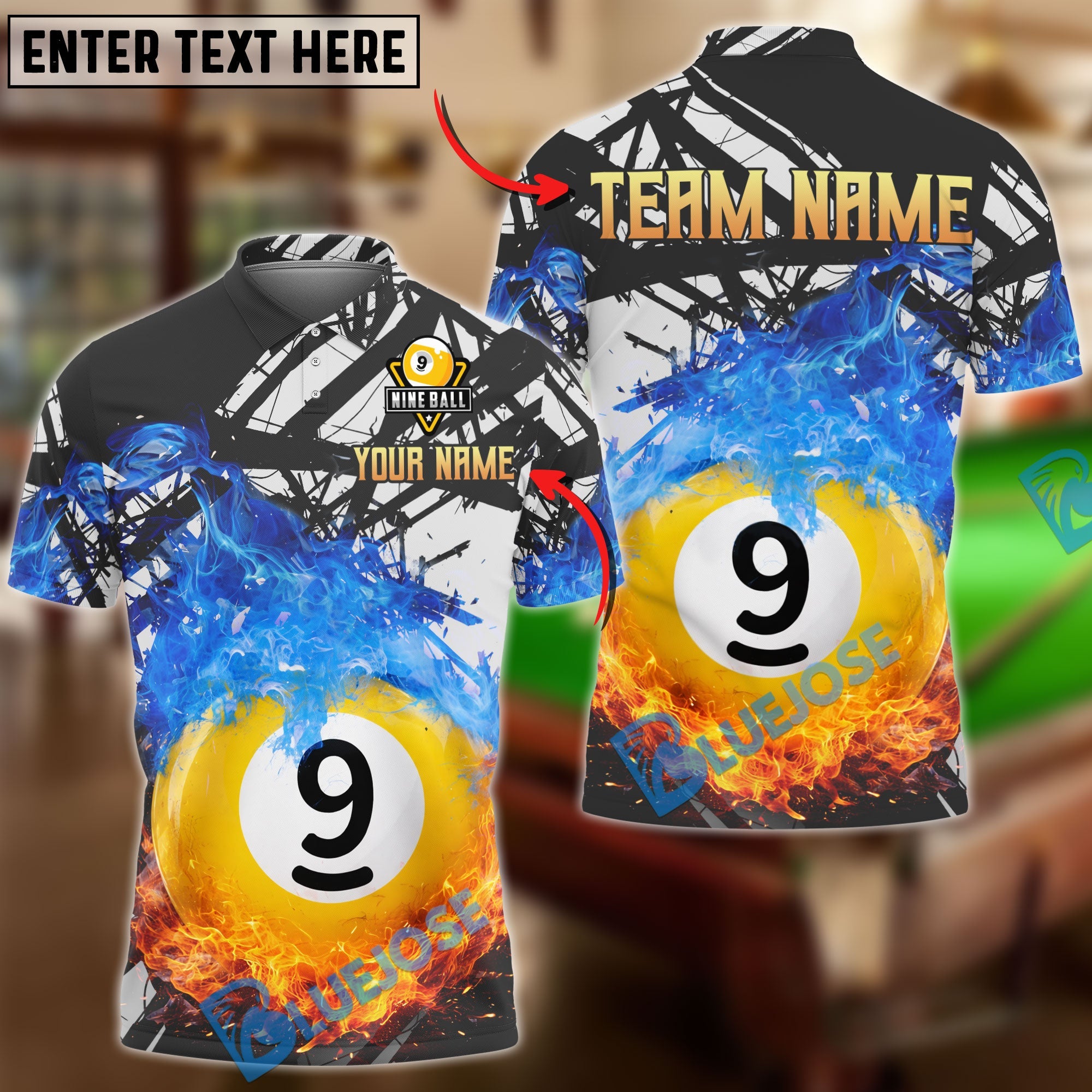 BlueJose Billiards 9-Ball Pool Double Flame Personalized Name Shirt (4 Colors)