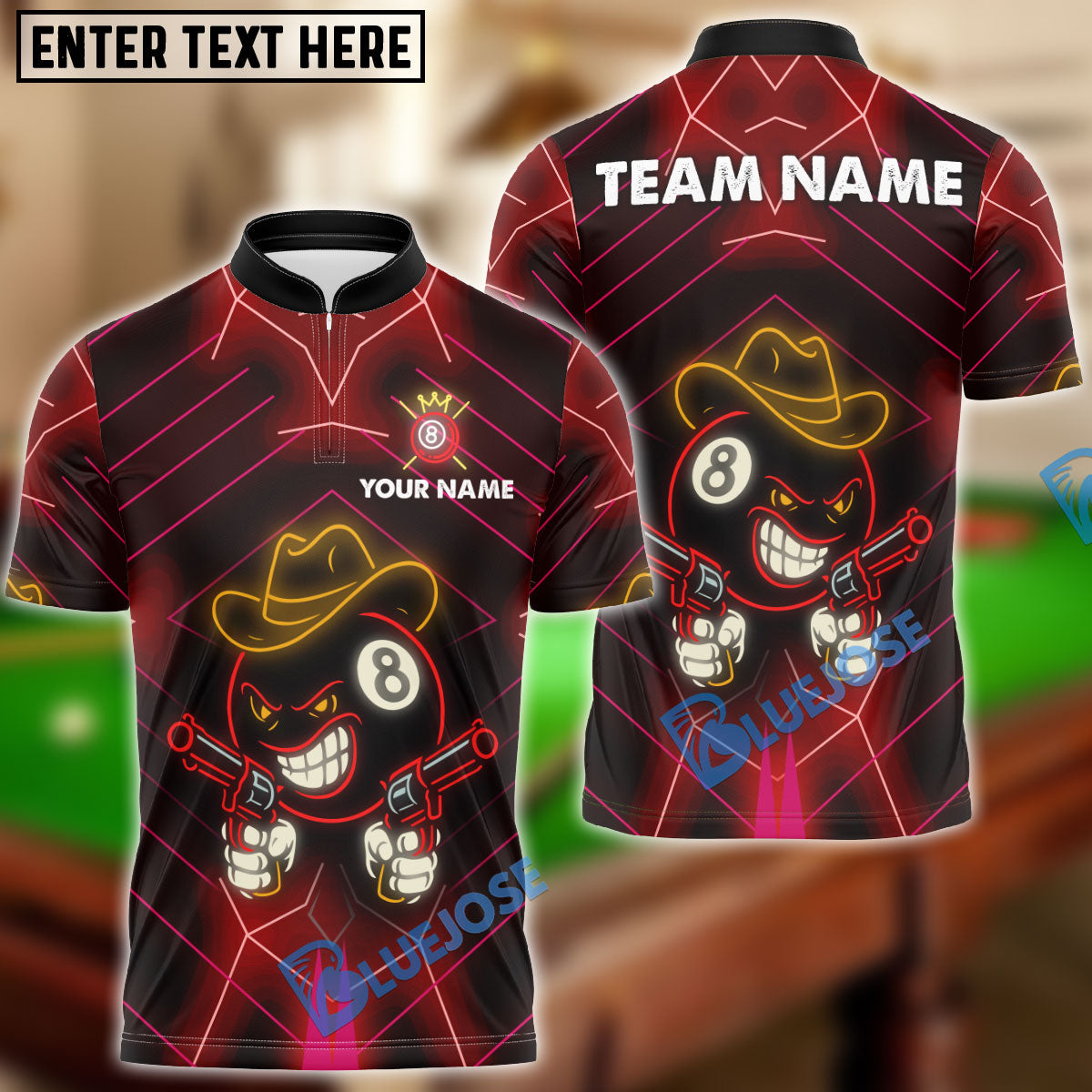 BlueJose Billiards Neon Cowboy 8-Ball Gunslinger Personalized Name Shirt (4 Colors)