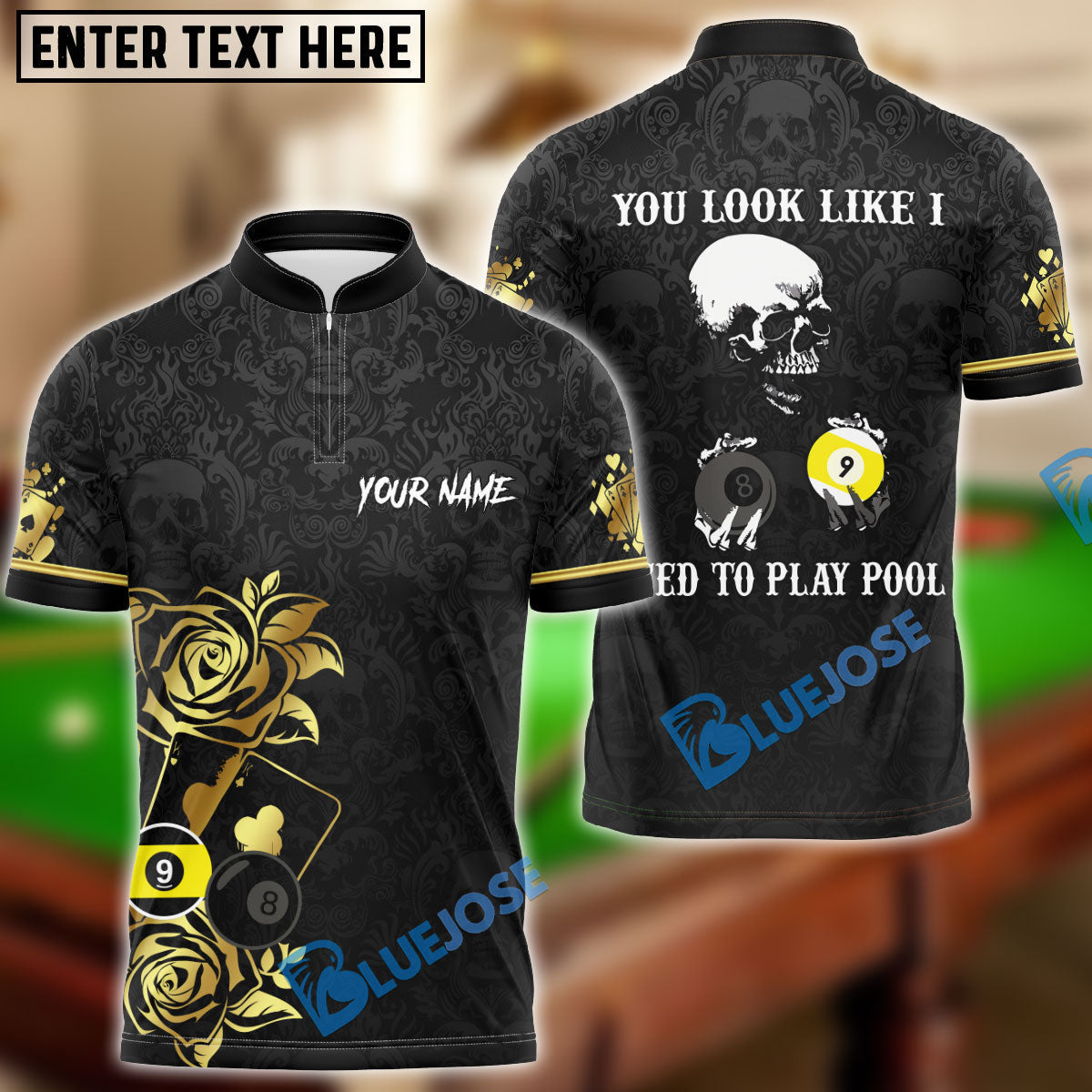 BlueJose Billiards Poker Skull Personalized Name Unisex Shirt (6 Colors)